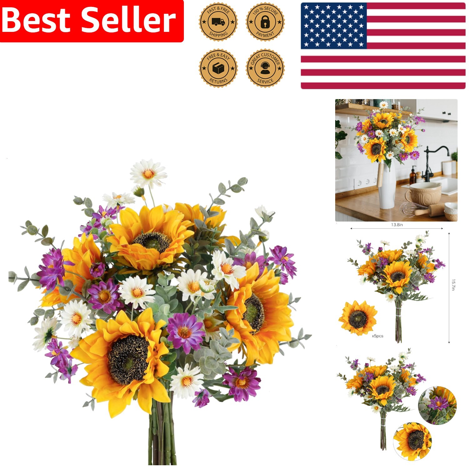 Maintenance-Free Artificial Sunflower Floral Arrangement for Grave Wedding Decor