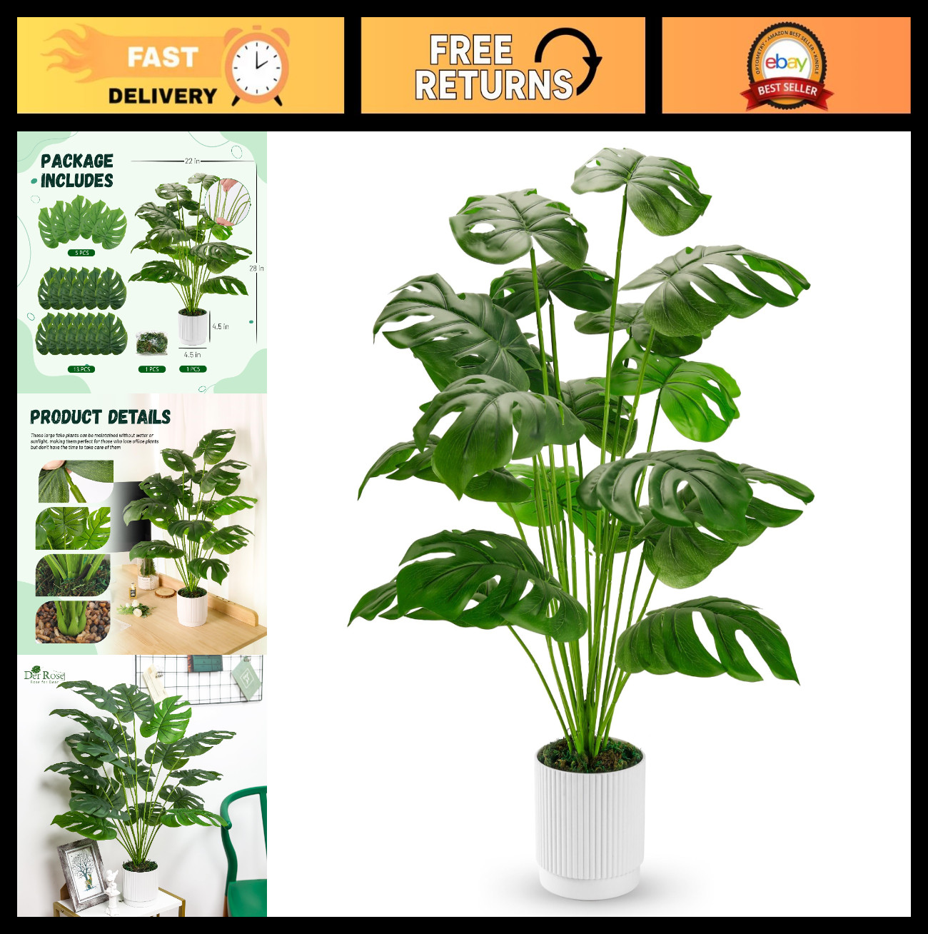 28″ Large Artificial Monstera Plant – Faux Potted Indoor/Outdoor Decor, Floor Tr