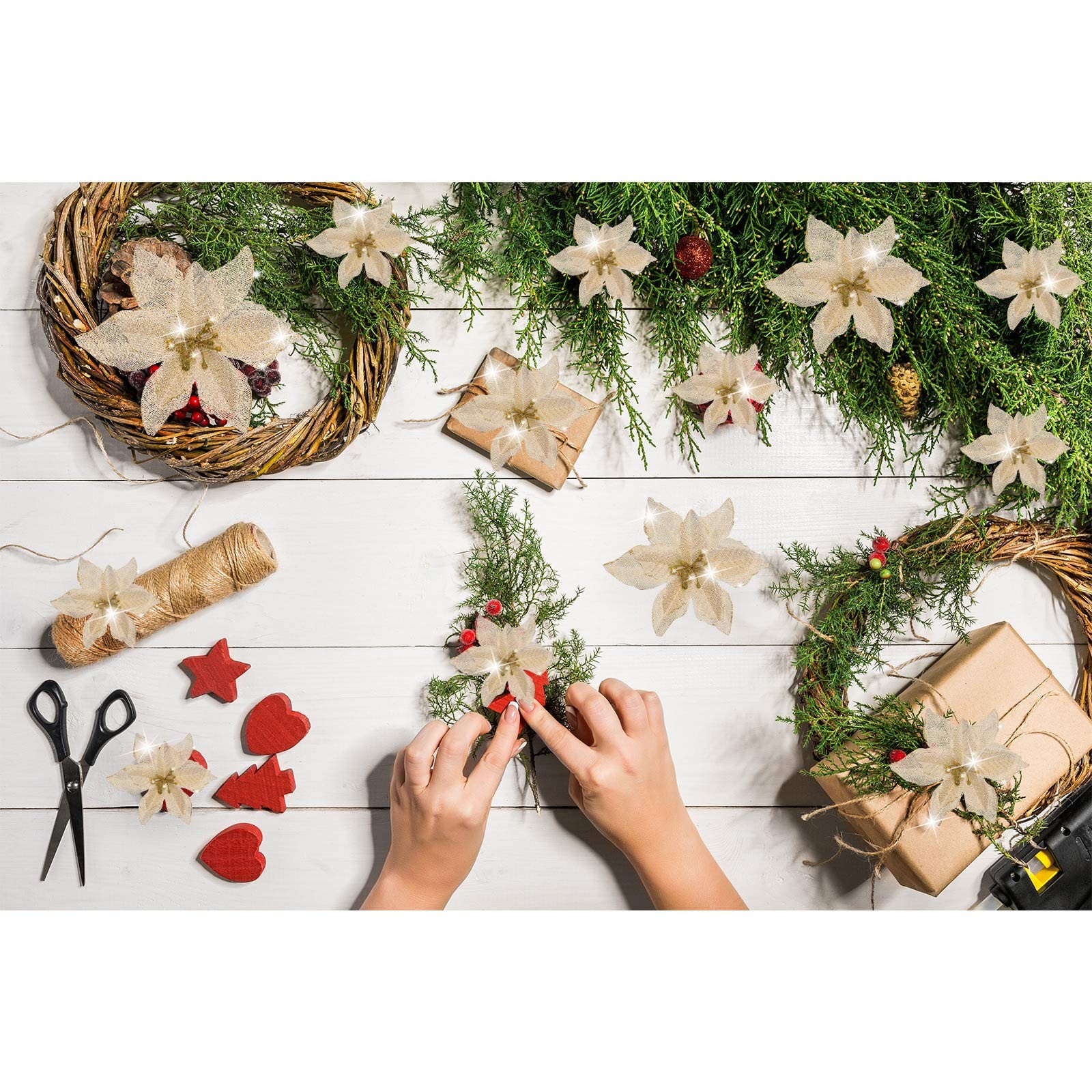 48 PCS 4 Size Christmas Glitter Poinsettia Artificial Flowers Gold Ornaments