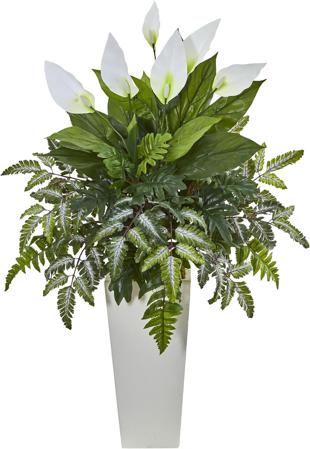 Elegant Mixed Spathiphyllum Artificial Plant in Stylish White Tower Vase