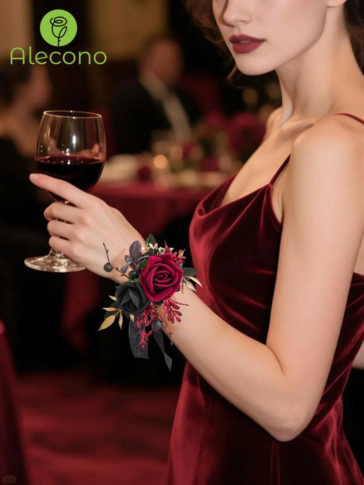 Burgundy Red Black Rose Corsage Boutonniere Set Wristlet Wedding Prom Flower