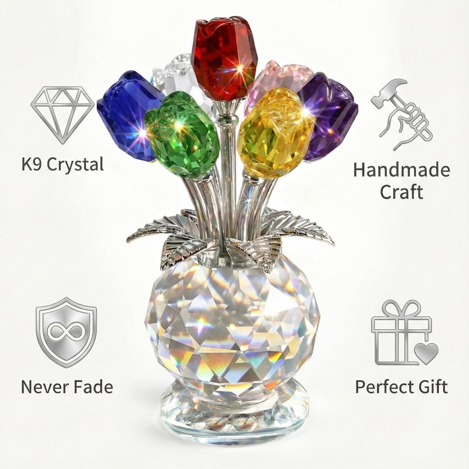 4.7 Inch Crystal Rose Bouquet – 7 Colorful K9 Glass Roses for Home Decor