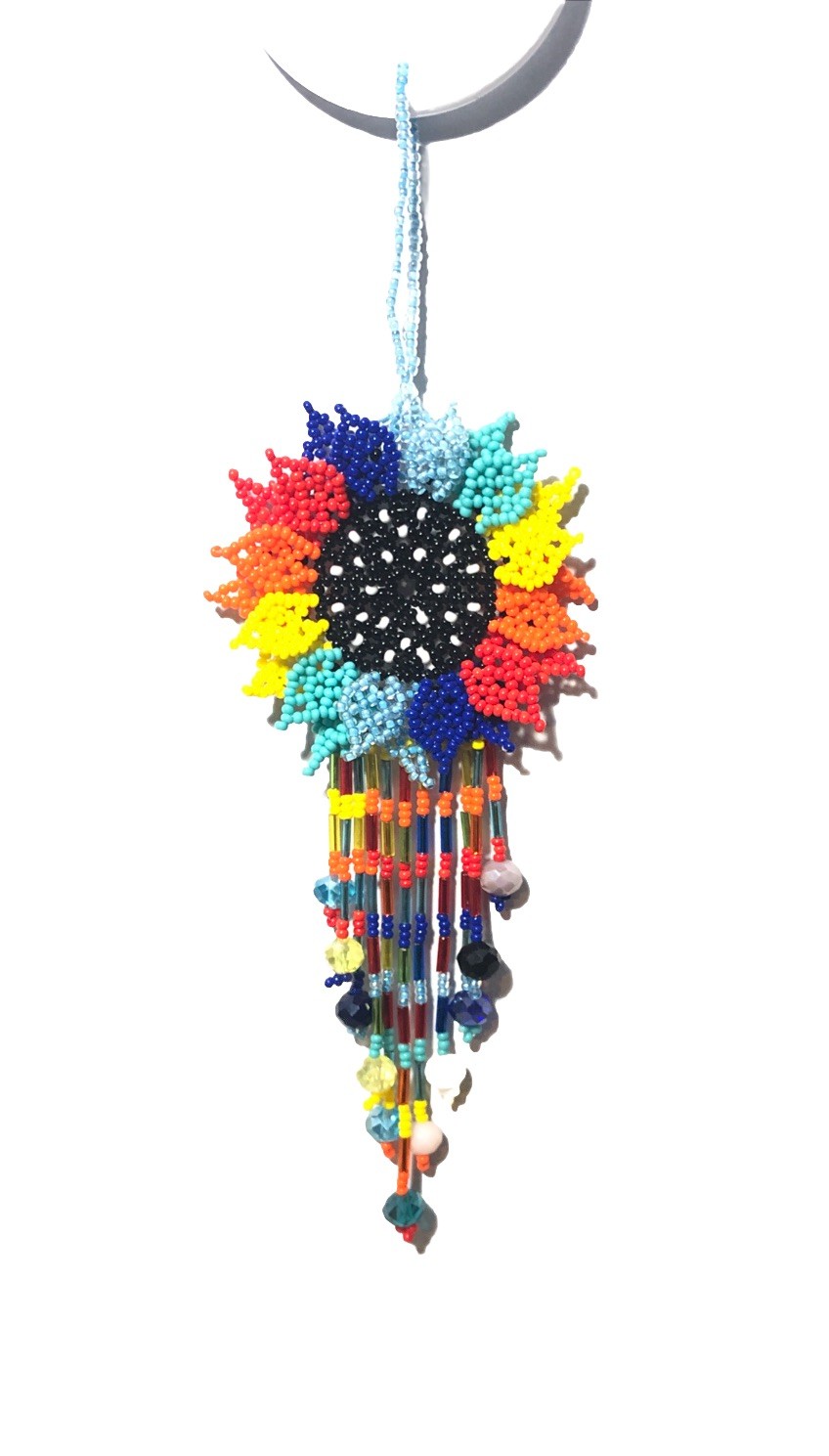 Hand Made Beaded Colorful Mexican Sunflower 5” Seed Bead Dangle Charm Ornament.