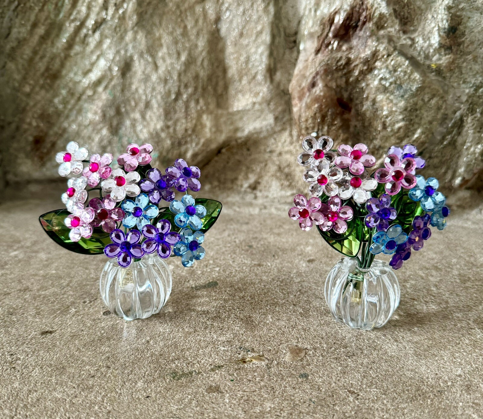 Two Colorful Pink, White, Purple And Blue Daisy Flower Bouquets Decor 4” Inch