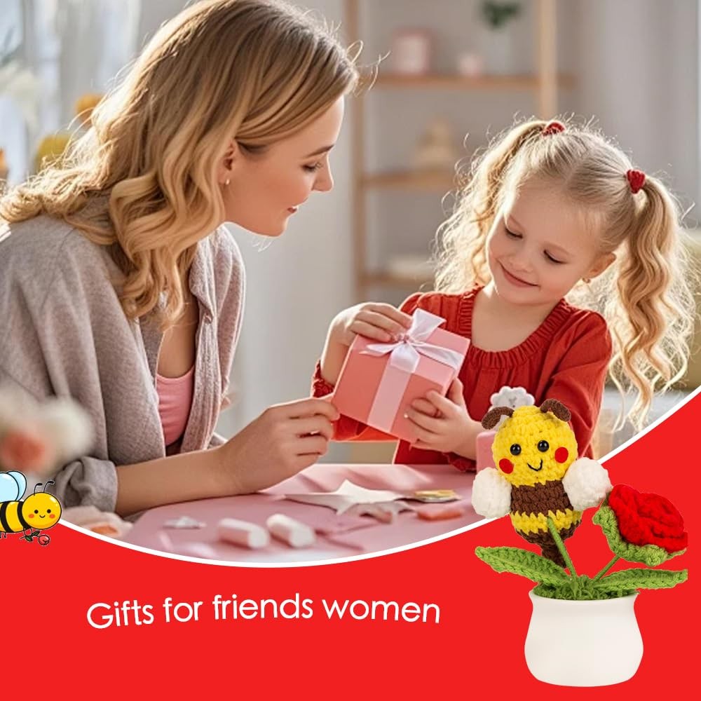 Cute Red Bee Knitted Crochet Flowers Desk Home Office Decor Table Ornament