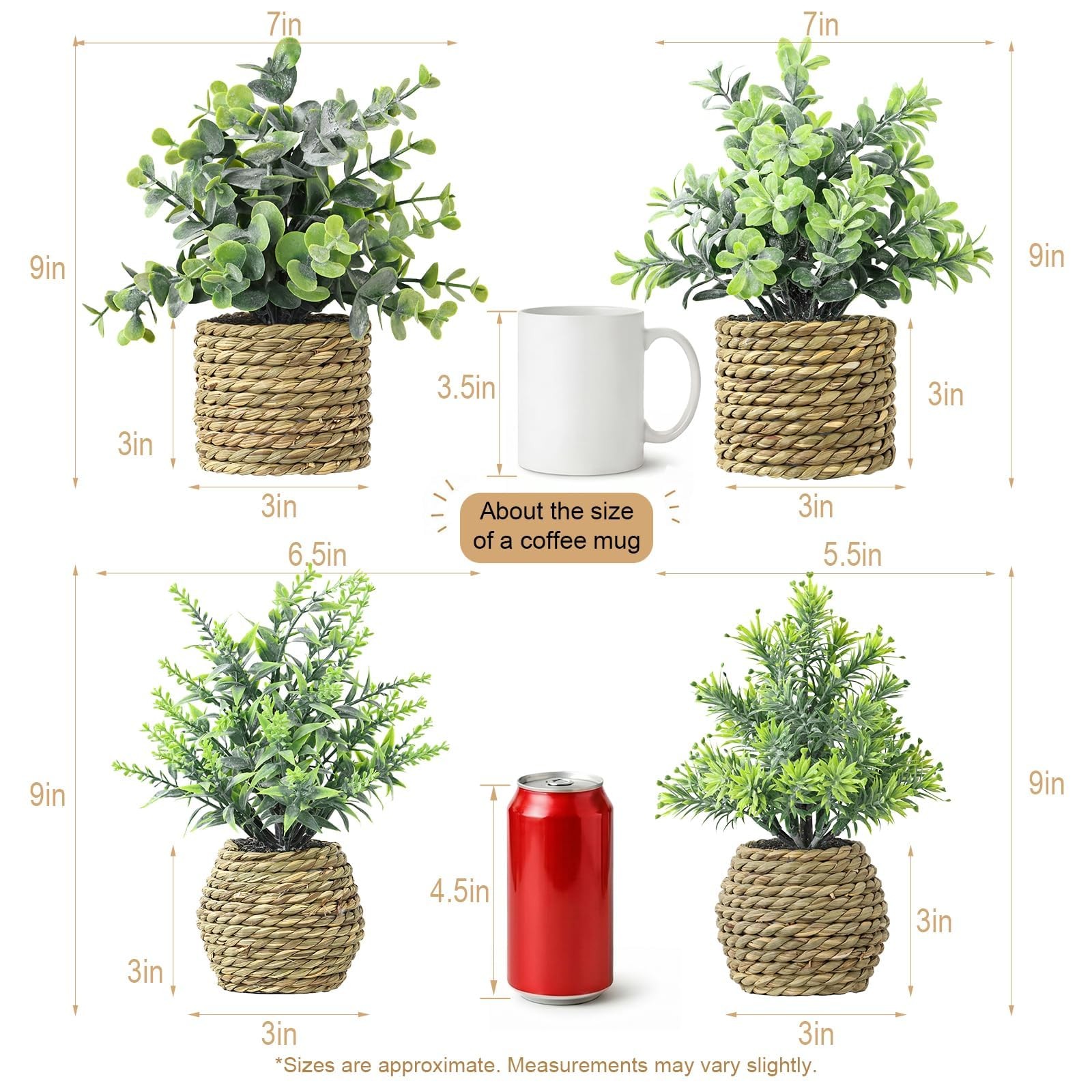 Small Fake Plants, 4 Pack Artificial Plants in Handwoven Seagrass Baskets