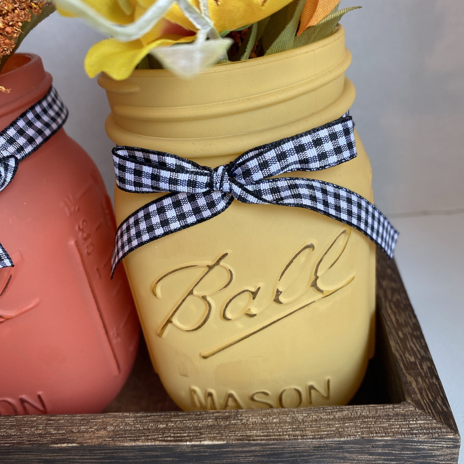 Painted Mason Jars Floral Decor In Tray Light Weight Fall Colors Checked Bows