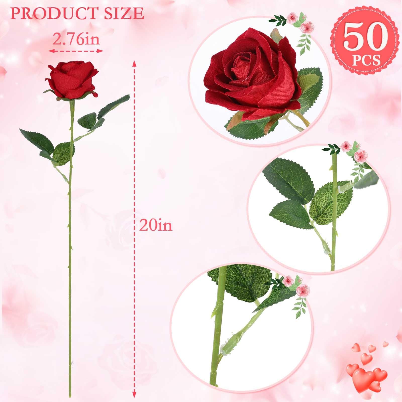50 Artificial Roses in Bulk, Fake Velvet Silk Burgundy Roses Realistic Red Ro…