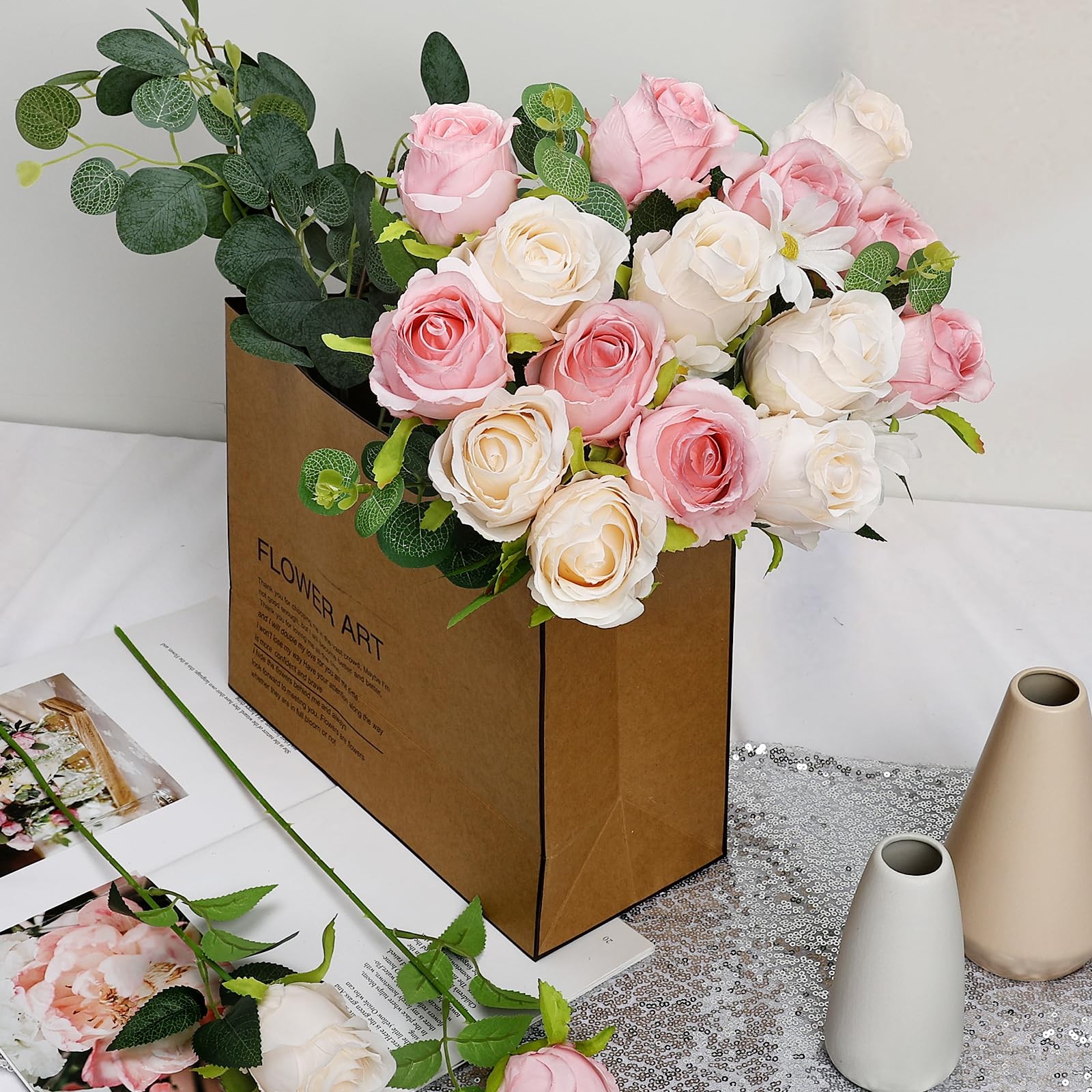 Artificial Roses 30 PCS Pink Silk Flowers 20″ Length 2.4″ Head – DIY Wedding