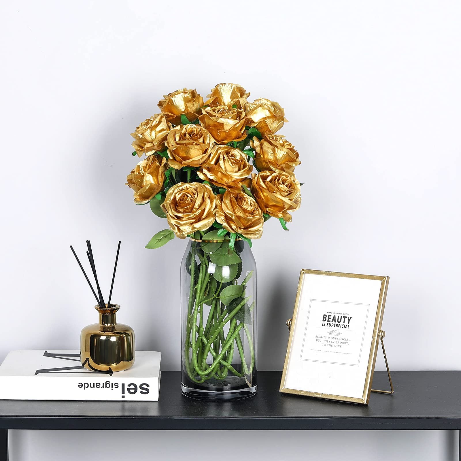 12 Pcs Gold Artificial Flowers Realistic Blooming Rose For Home Decor Weddings