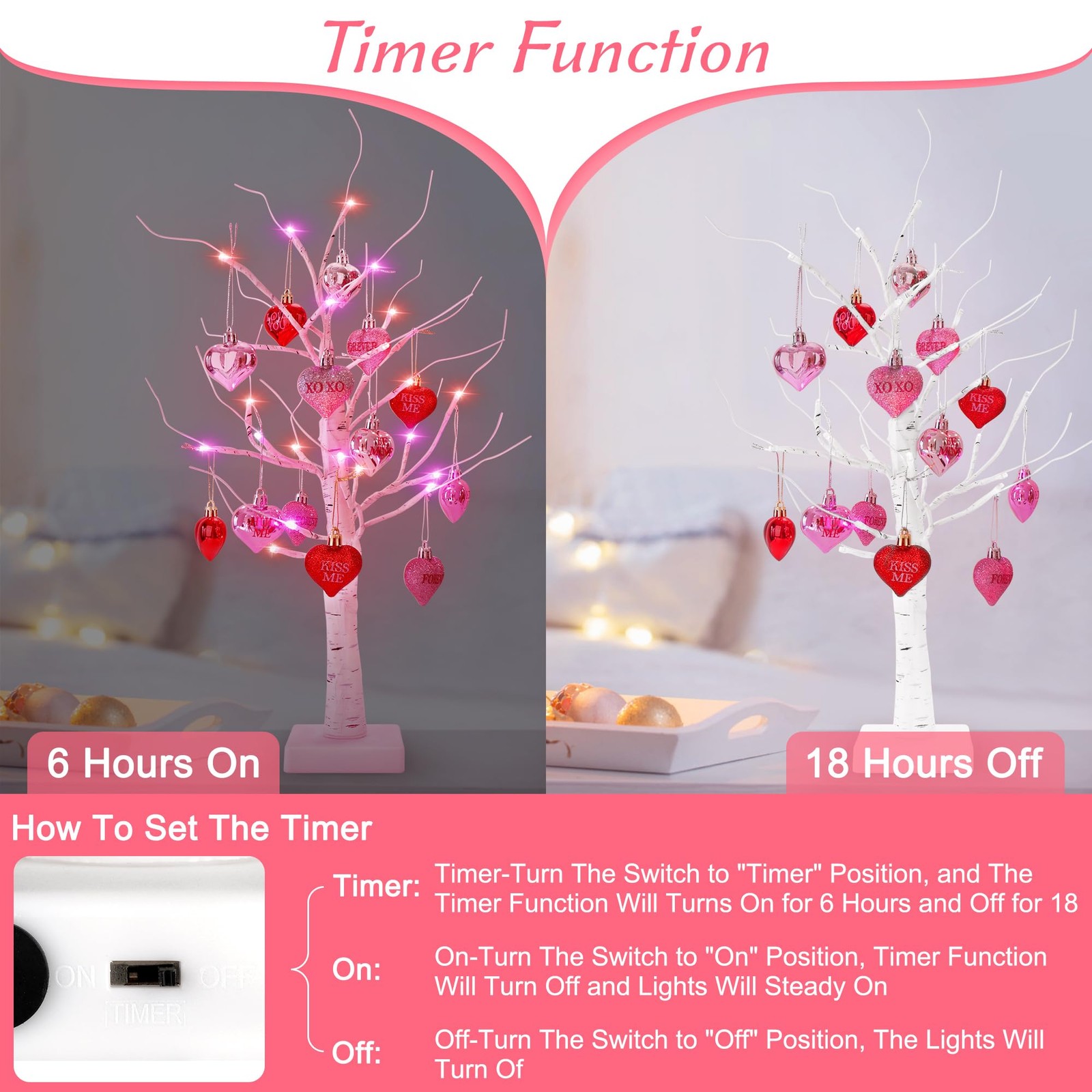 24in Lighted Valentine Birch Tree Tabletop LED USB & Battery Timer Hearts Decor