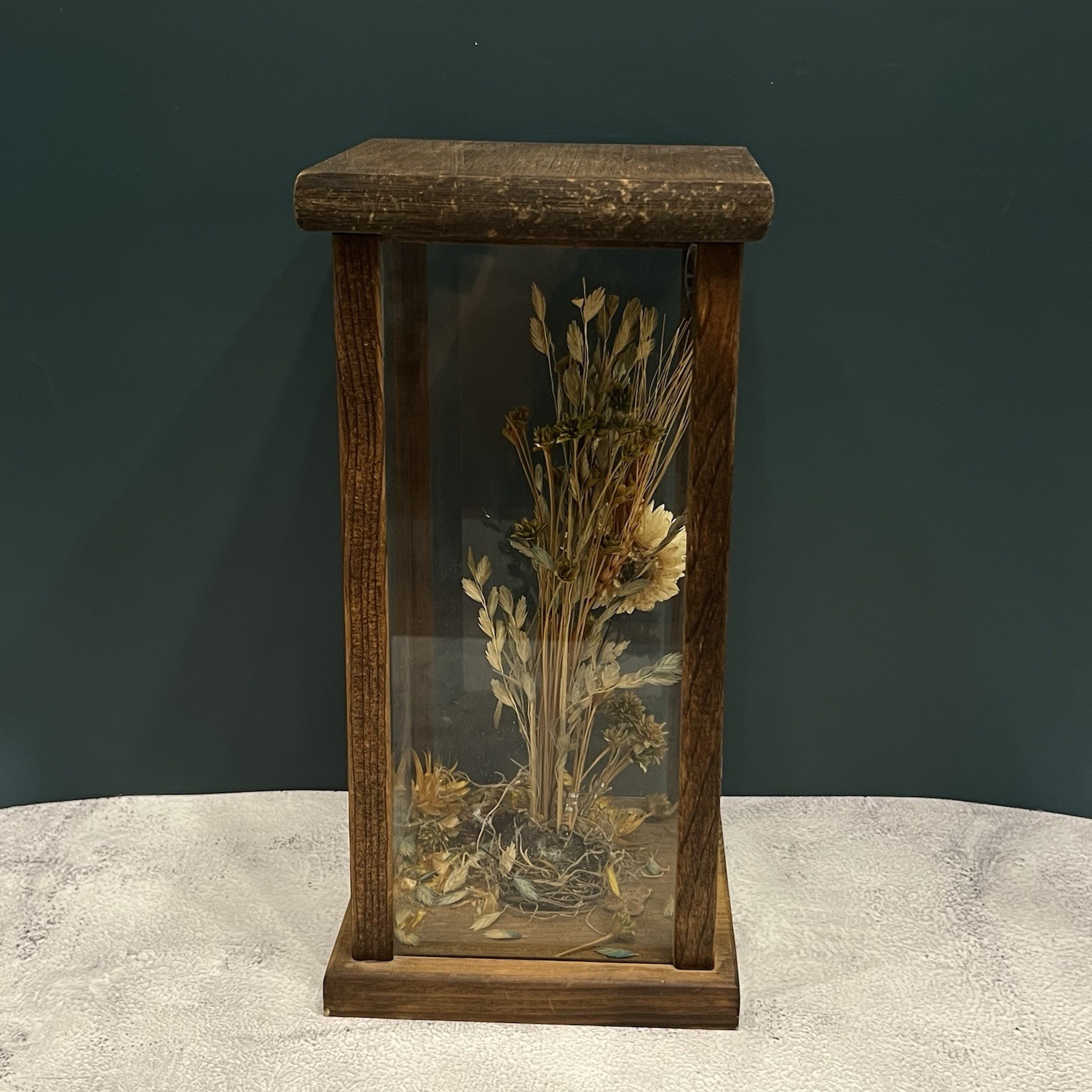 Vintage 1970s Dried Flower & Botanical Wood Terrarium Display Case Boho MCM