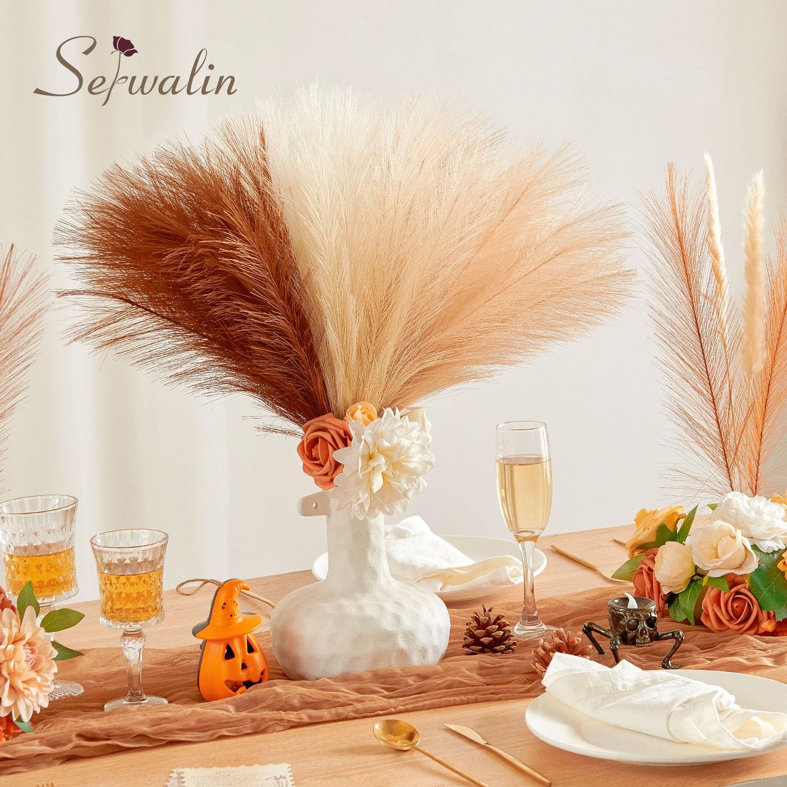 60 PCS Orange Pampas Grass Decor 17.7 Inch Fall Artificial Faux Vase Filler