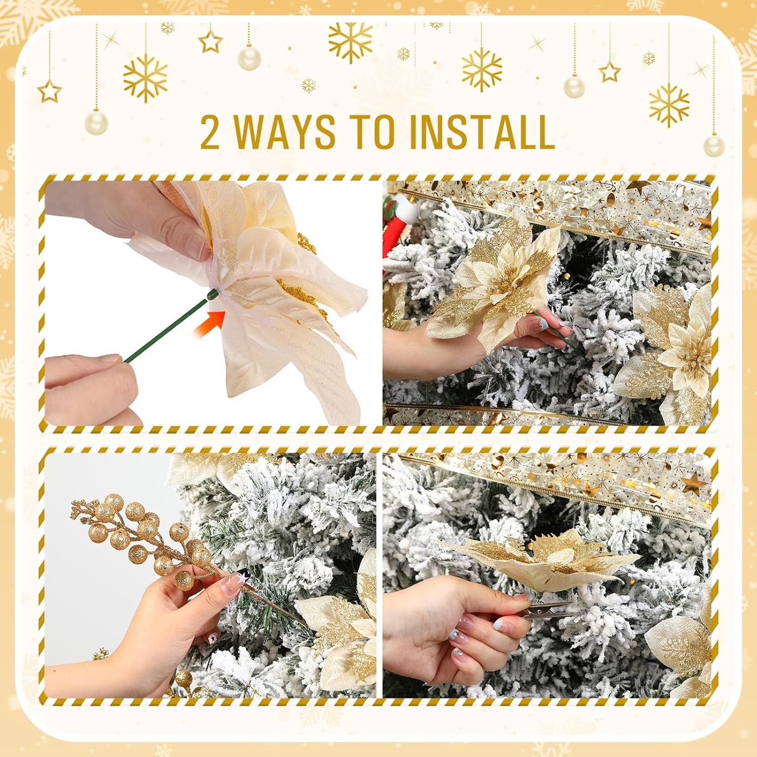 24Pc Gold Christmas Tree Decorations, 12 Poinsettia Flowers & 12 Glitter Picks