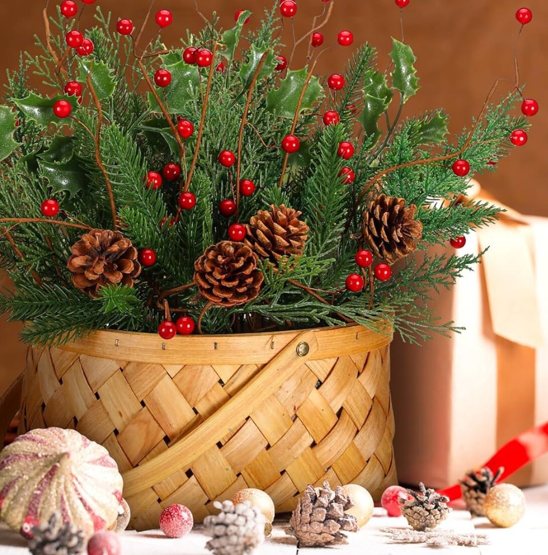 Christmas Artificial Flower Basket Decor Tabletop Decoration Plant with Red B…