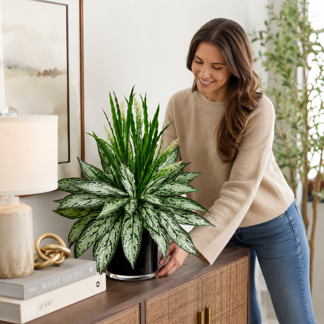20″ Silver Queen and Grass Artificial Plant in Black Vase