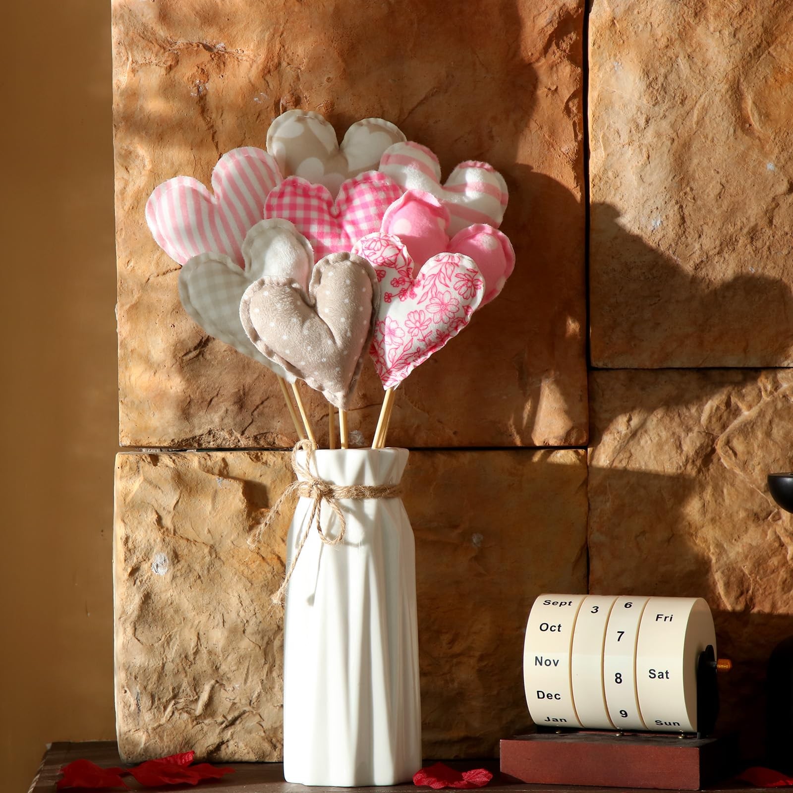 8 Pcs Valentine’s Day Heart Flower Picks Stuffed Fabric Heart on Sticks Plush…