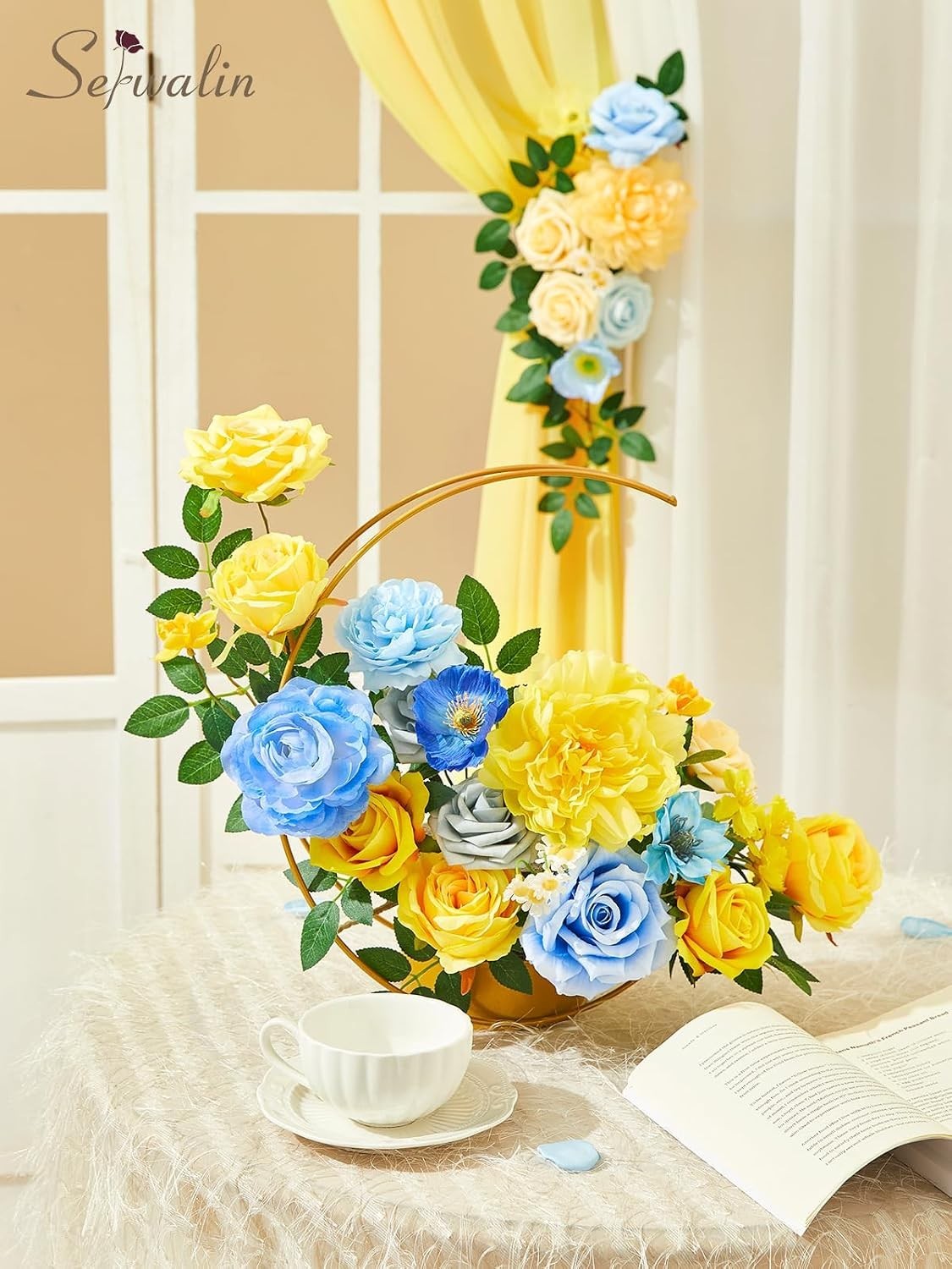 Artificial Flowers Blue Yellow Silk Floral Decor for Wedding Party Home