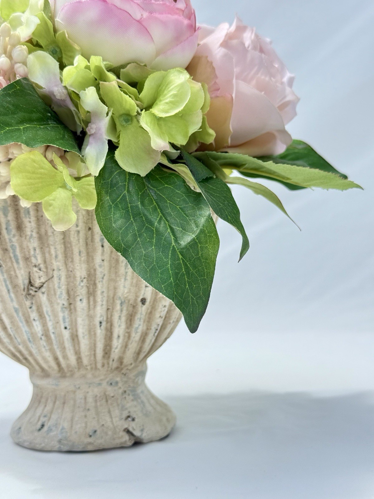 Faux Flower Arrangement in Fluted Urn Vase Cottage Decor