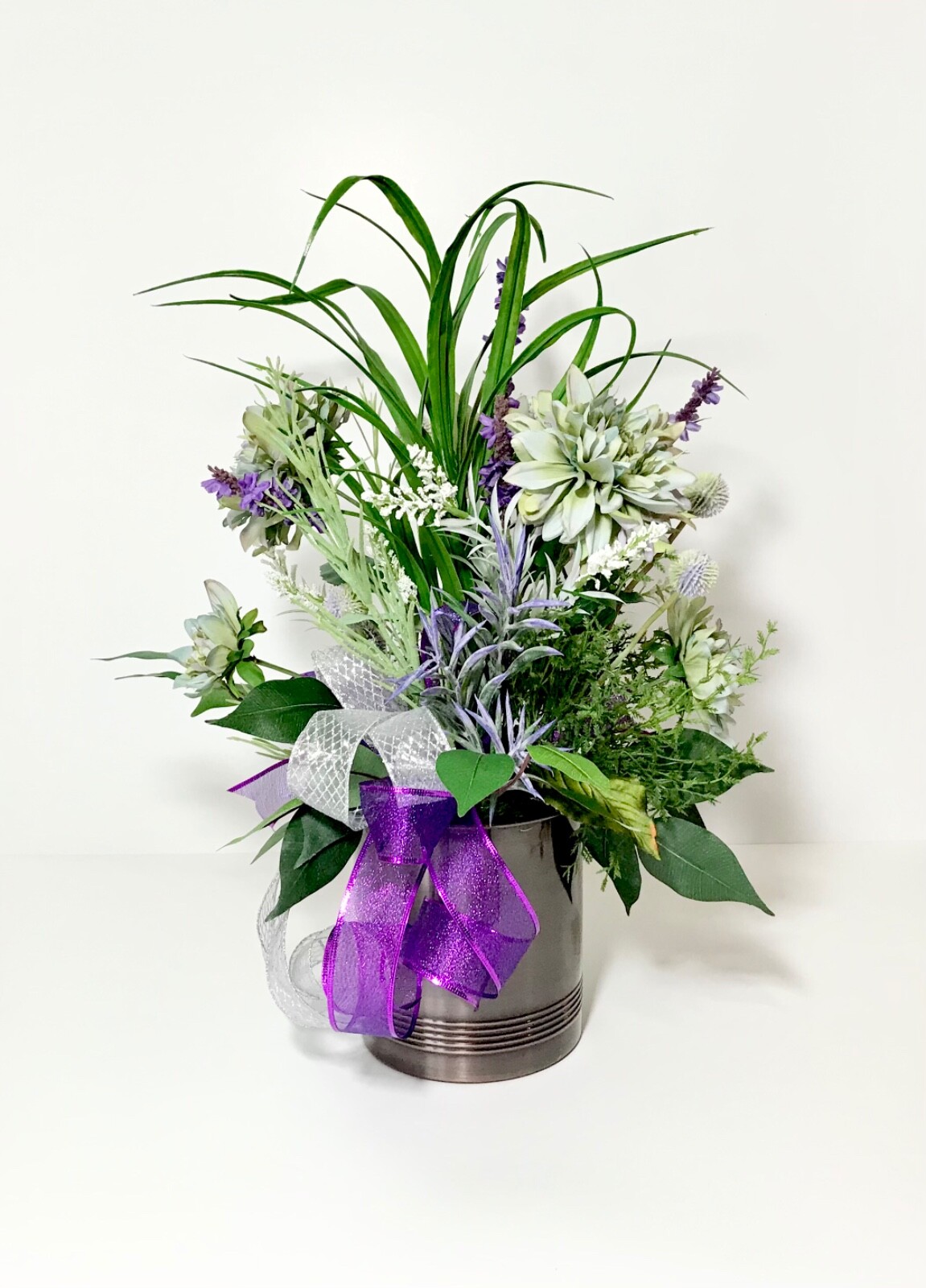 LARGE PURPLE GREEN FLORAL SPRING ARRANGEMENT BRONZE METAL CONTAINER CENTERPIECE