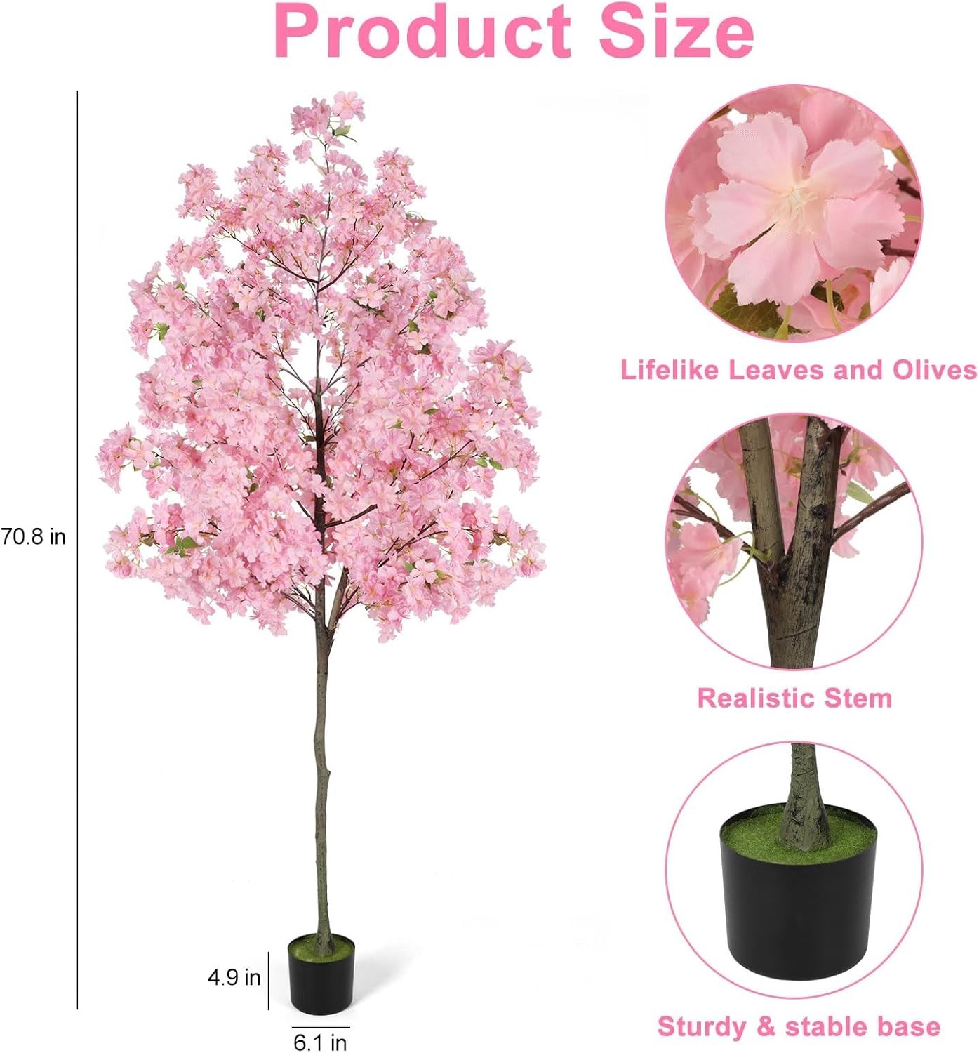 6Ft Tall Cherry Blossom Artificial Tree Fake Tree Faux Silk Plant with plastic