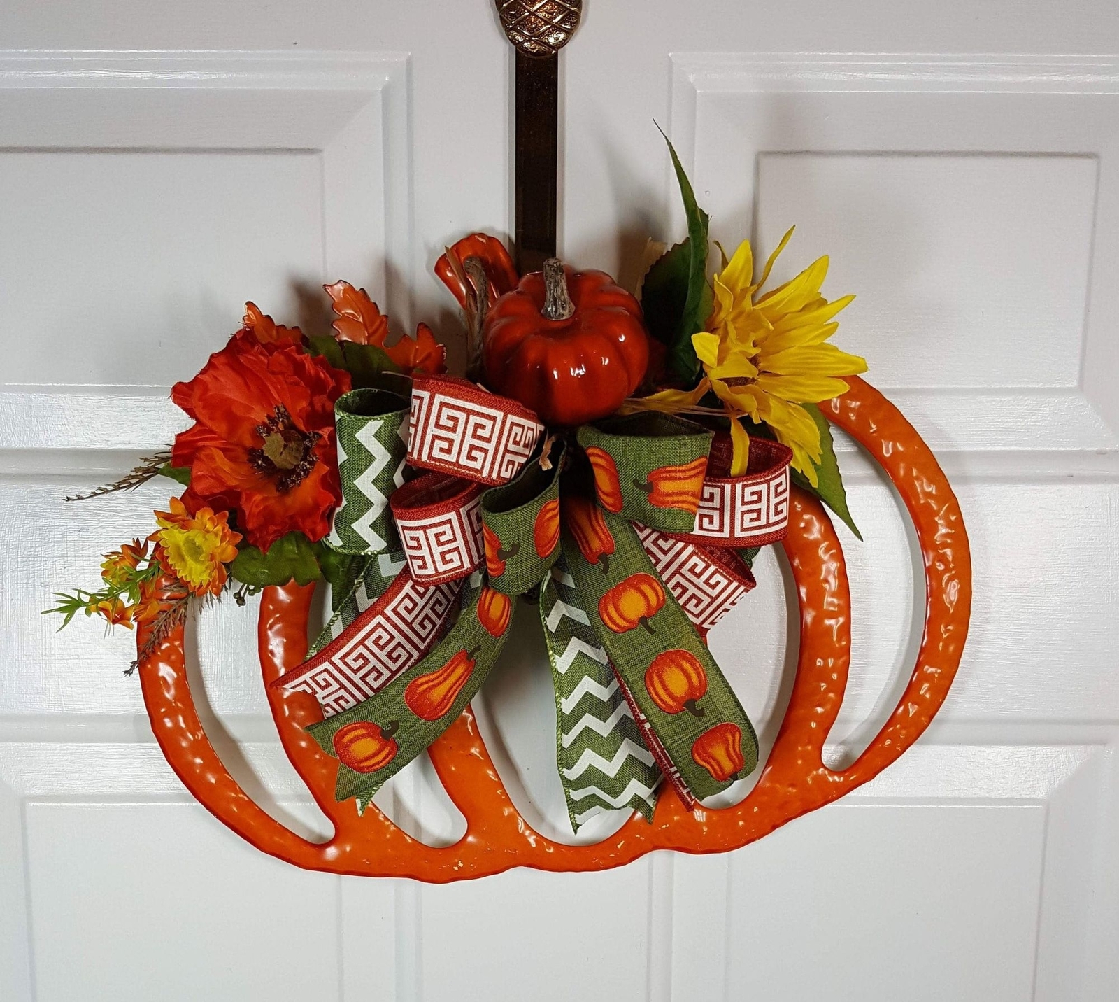 Orange Enamel Fall Pumpkin Wreath, Fall Halloween Decor, Sunflowers & Leaves