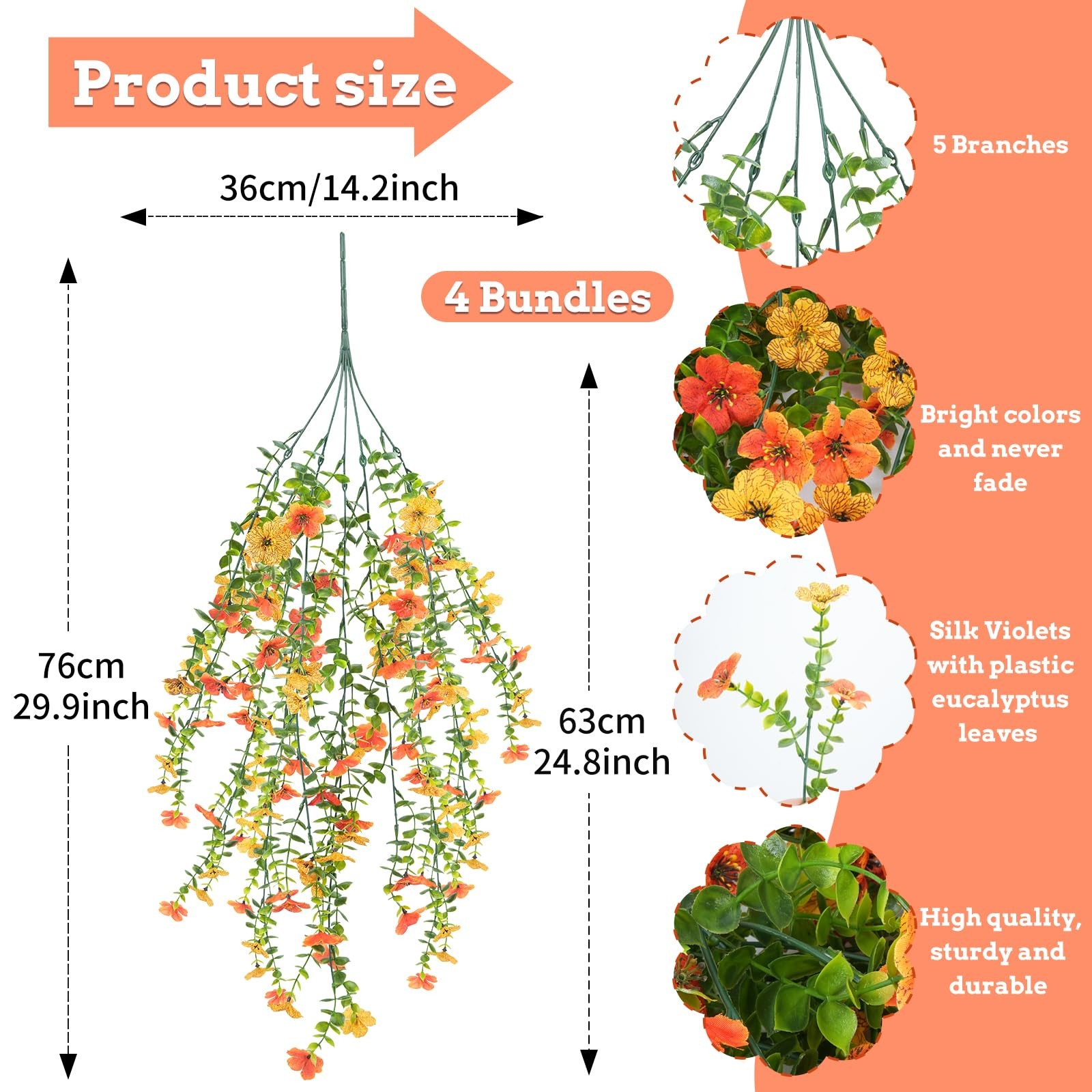 4 Pcs 30in Artificial Hanging Flowers for Outdoors in Pot, Orange