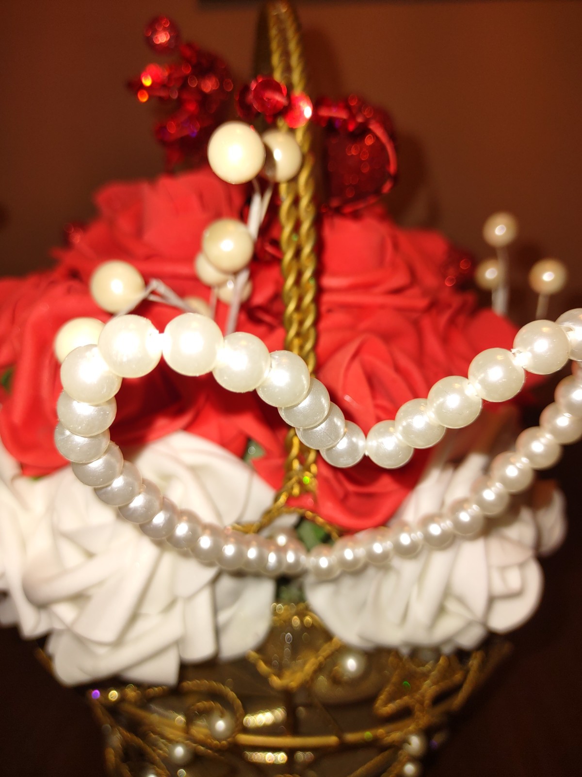 Centerpiece Valentine’s Day Faux White And Red Roses In Gold Tone Metal Basket