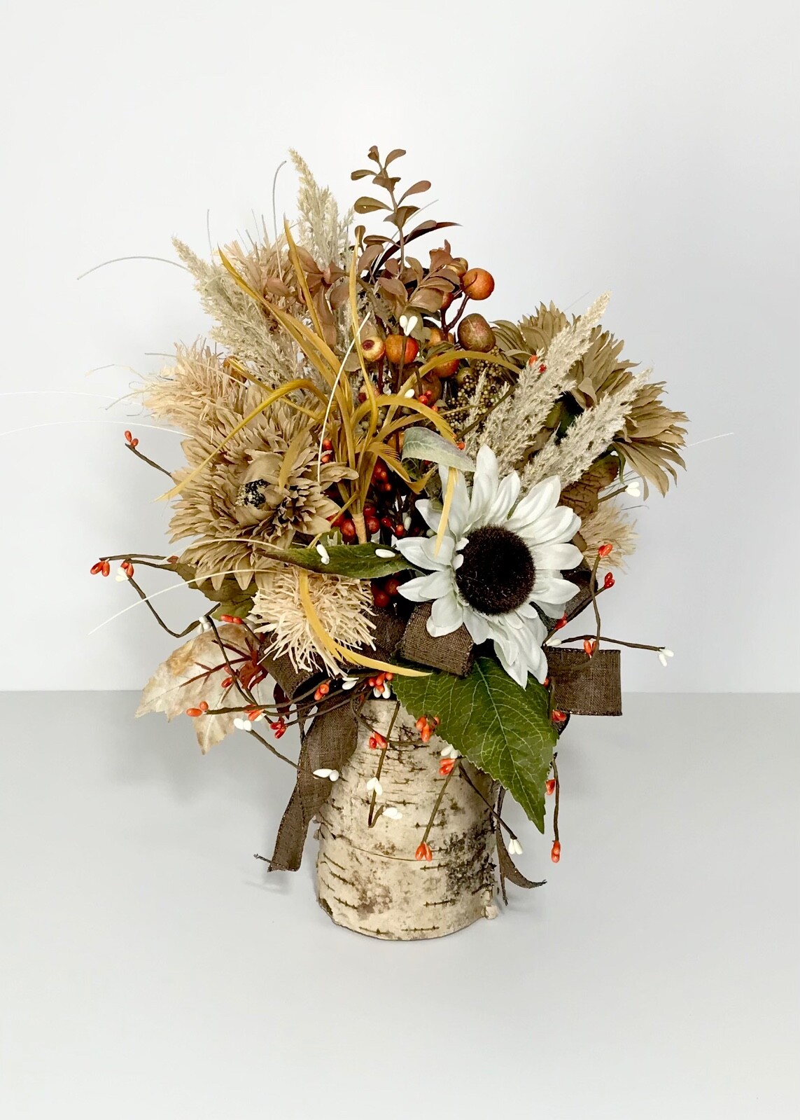 WHITE SUNFLOWERS EARTH TONE ARRANGEMENT FALL LEAVES HARVEST CENTERPIECE HANDMADE