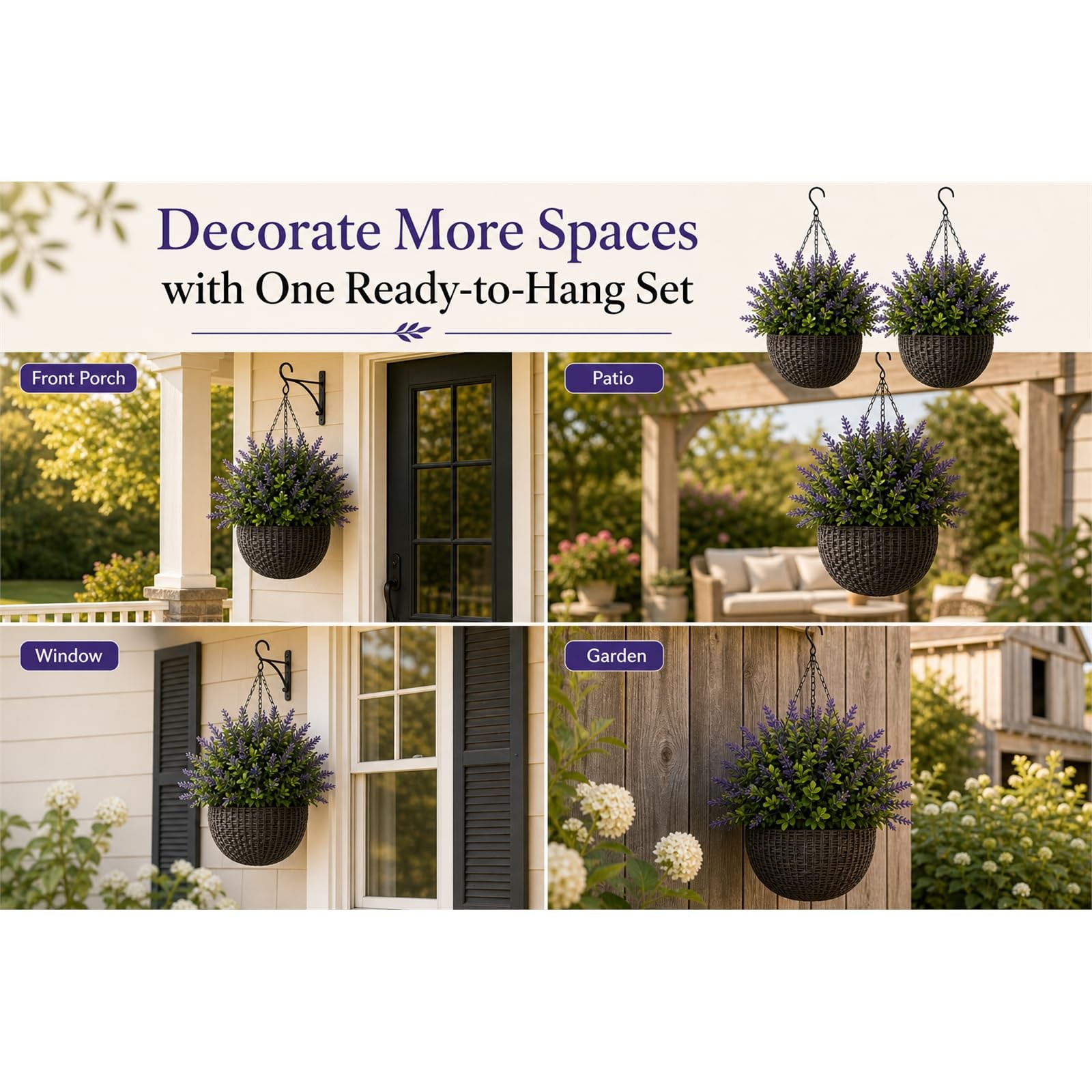 2 Pack Artificial Lavender Hanging Basket, UV Resistant Fake Flowers Hanging …