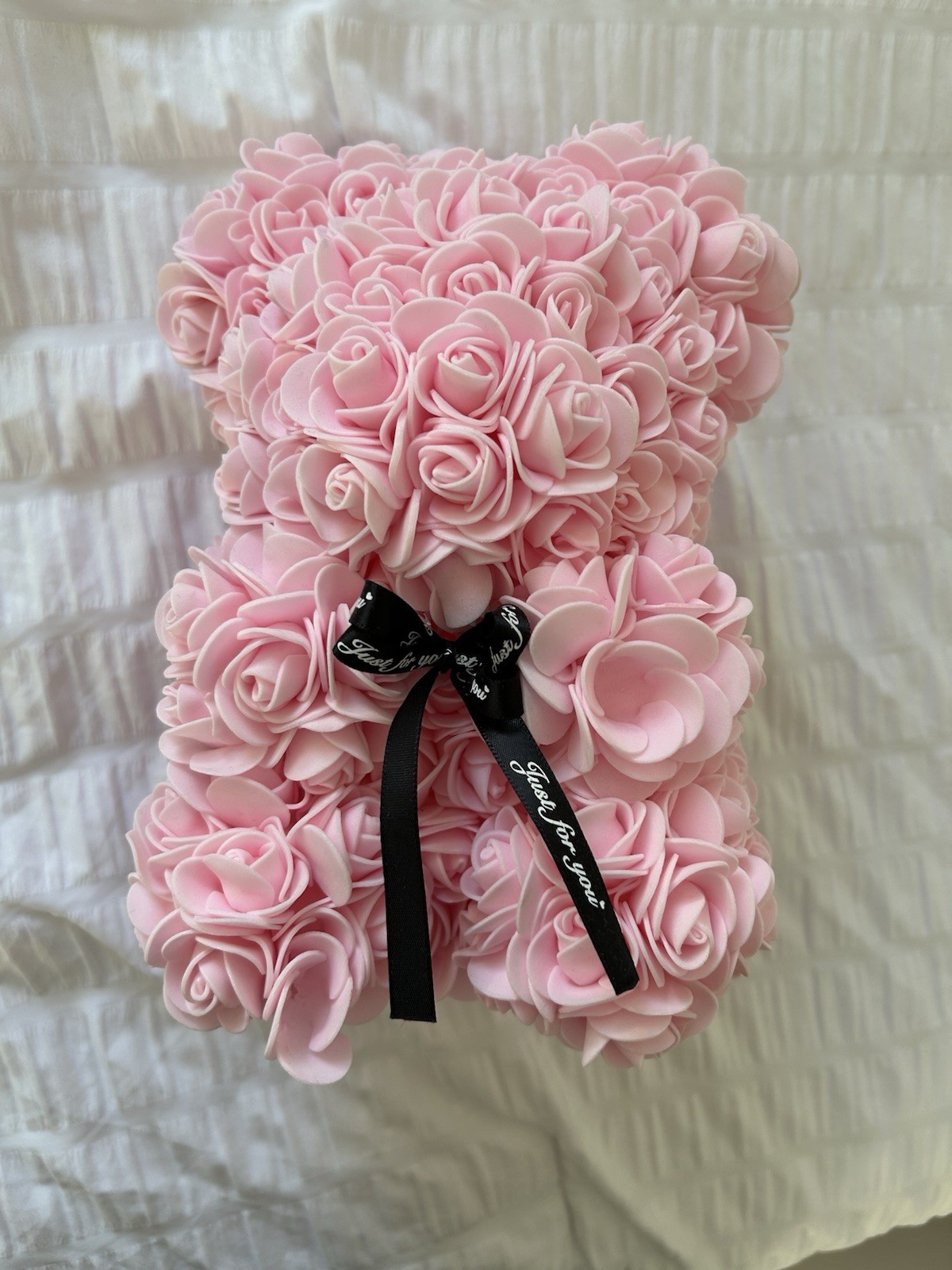Artificial Pink Rose Bear Arrangement with Black Ribbon, Floral Theme