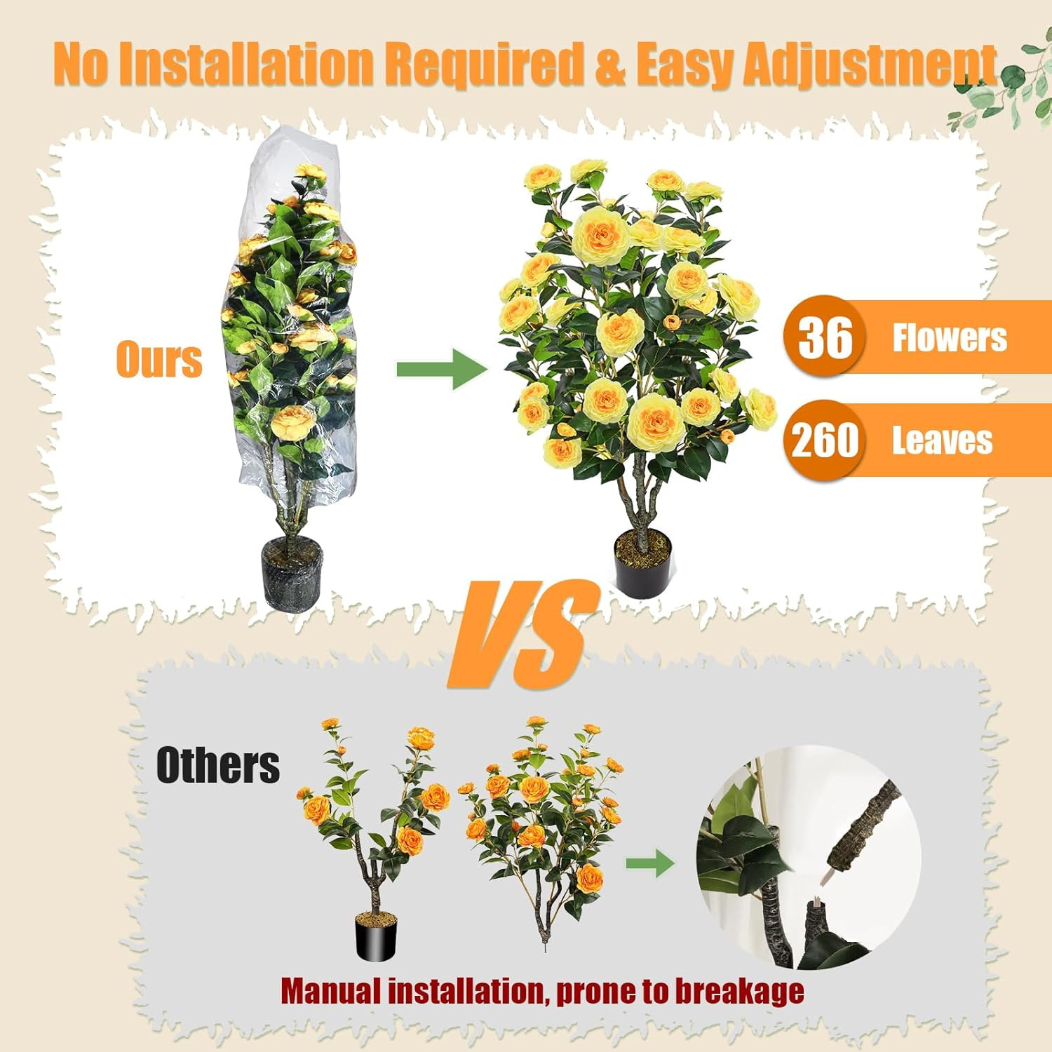 42″ Yellow Artificial Camellia Tree – 2 Pcs Faux Plant for Home & Outdoor Decor