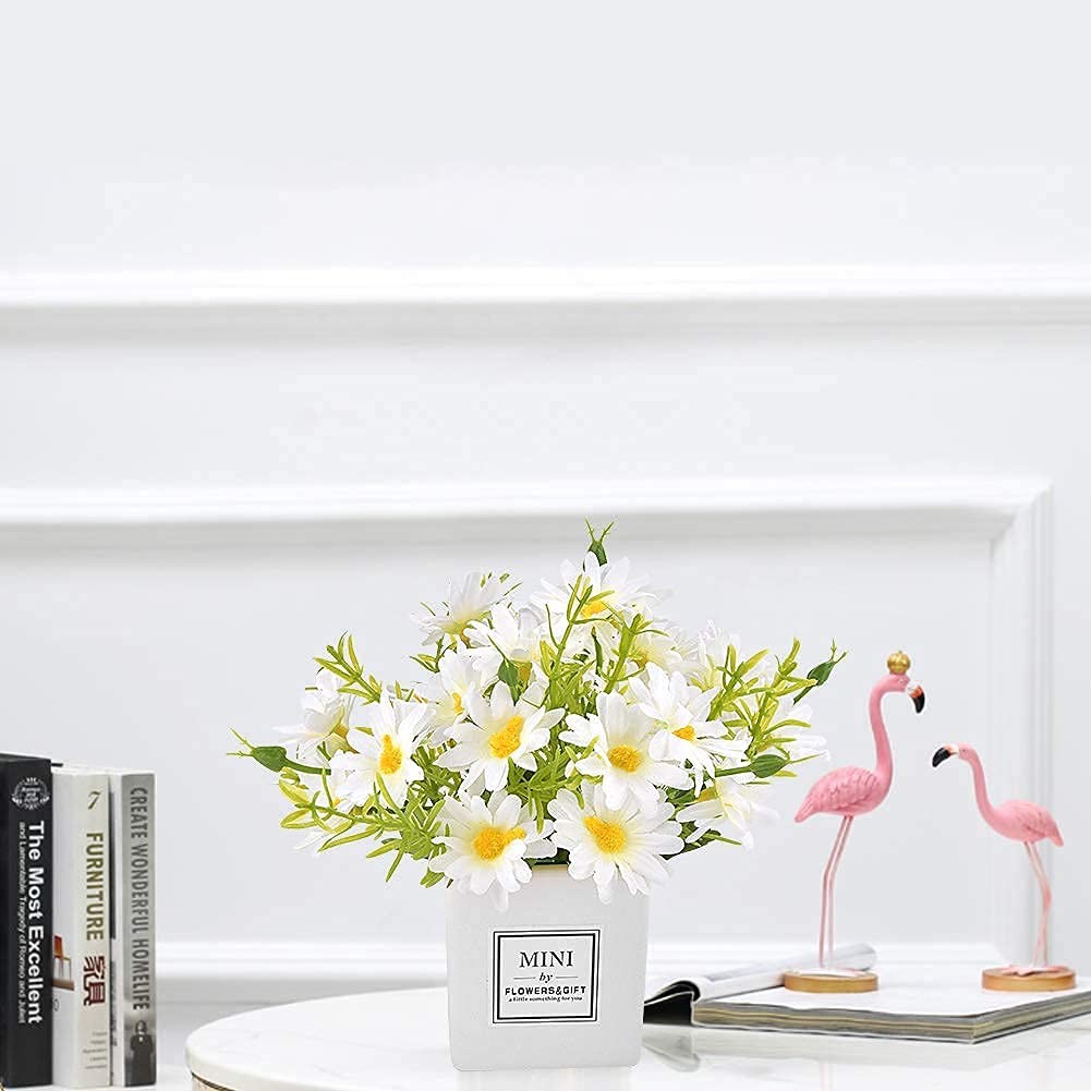 Artificial Flowers, Faux Flowers in Vase Small White Daisy Decor Mini Silky A…