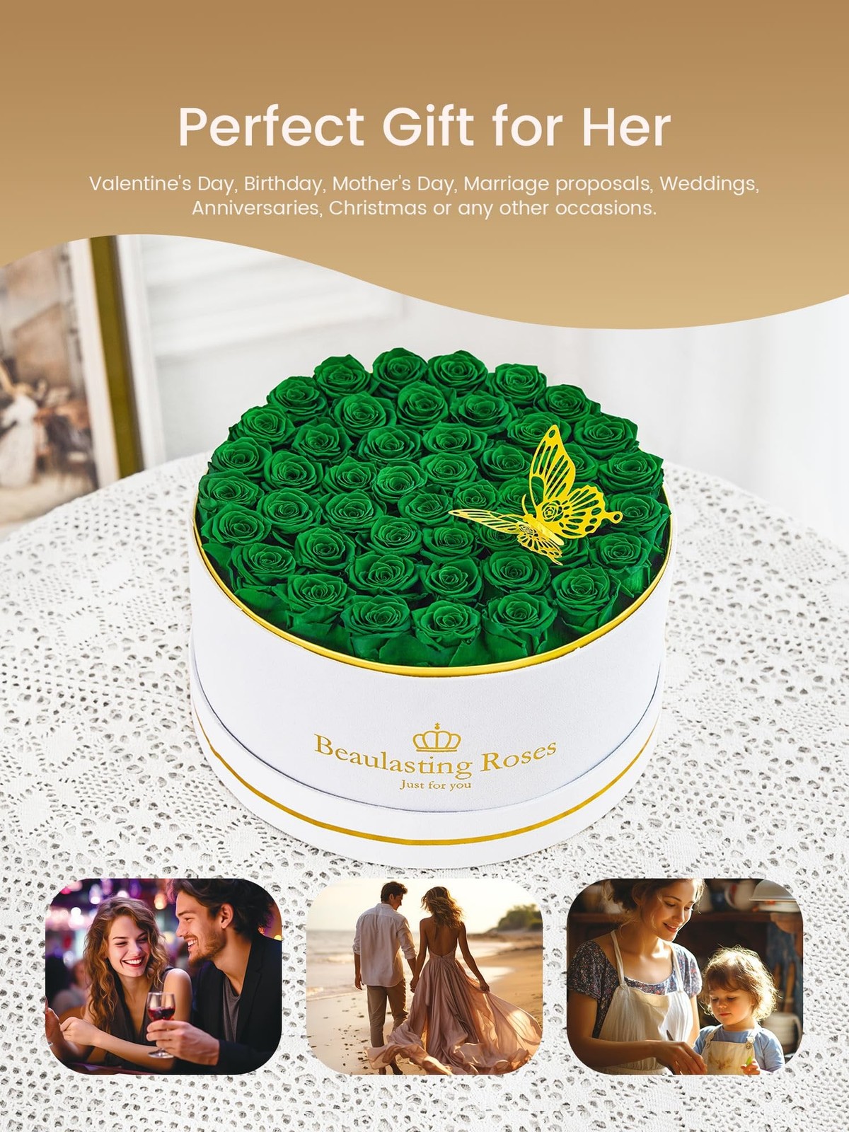 Beaulasting 47 Preserved Green Roses in a Box