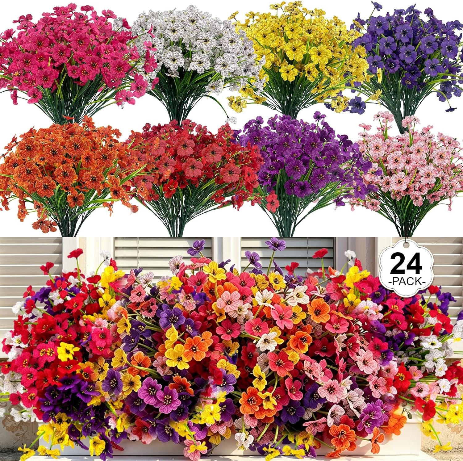 24 Pcs (6 Color) UV Resistant Outdoor Artificial Faux Flowers Plants Realistic P