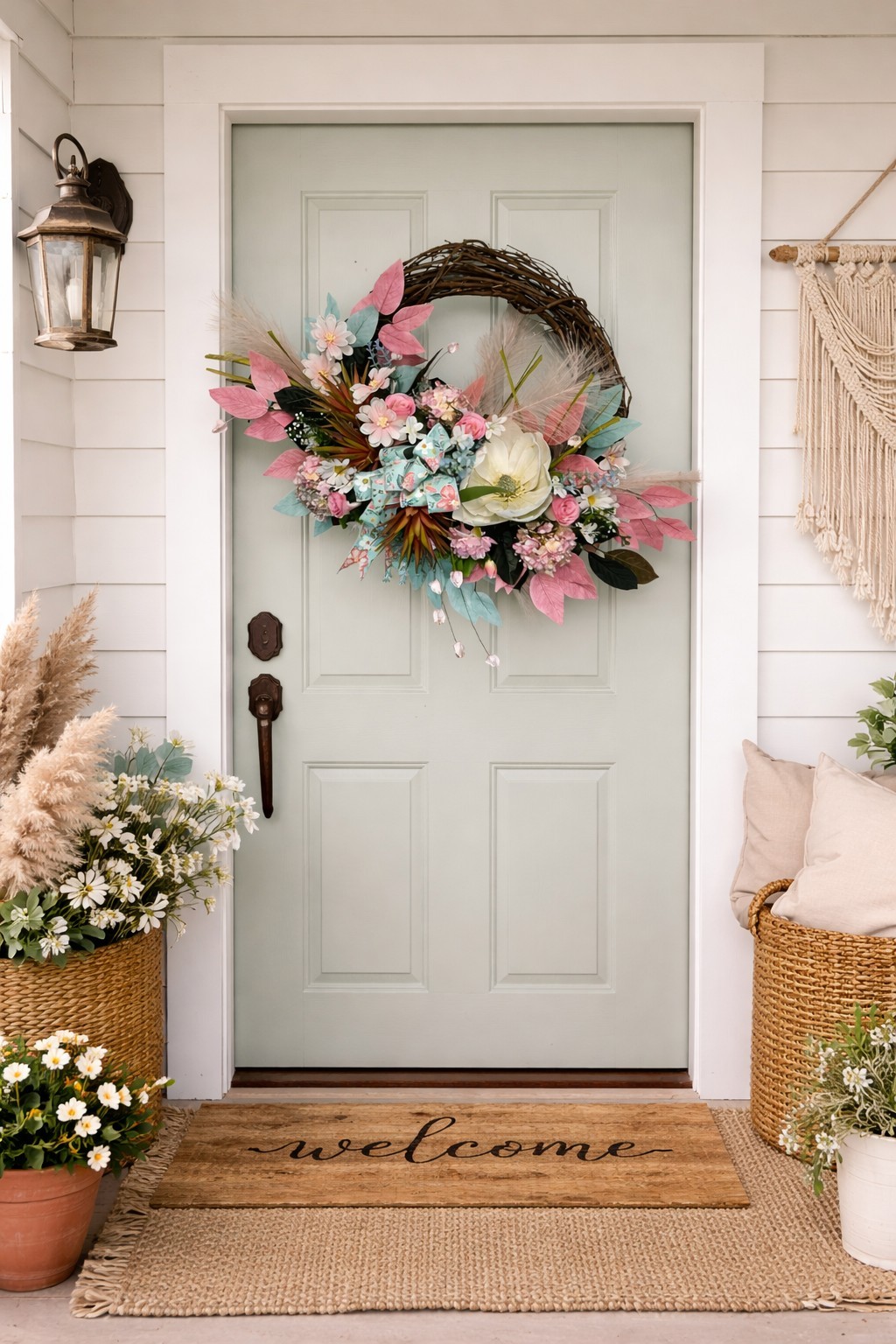 Summer Magnolia Wreath for Front Door, Pink Floral Grapevine Wreath, Cottage
