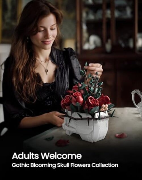 iATOM Skull Roses Flower Bouquet Building Set, Botanical Collection Kit for