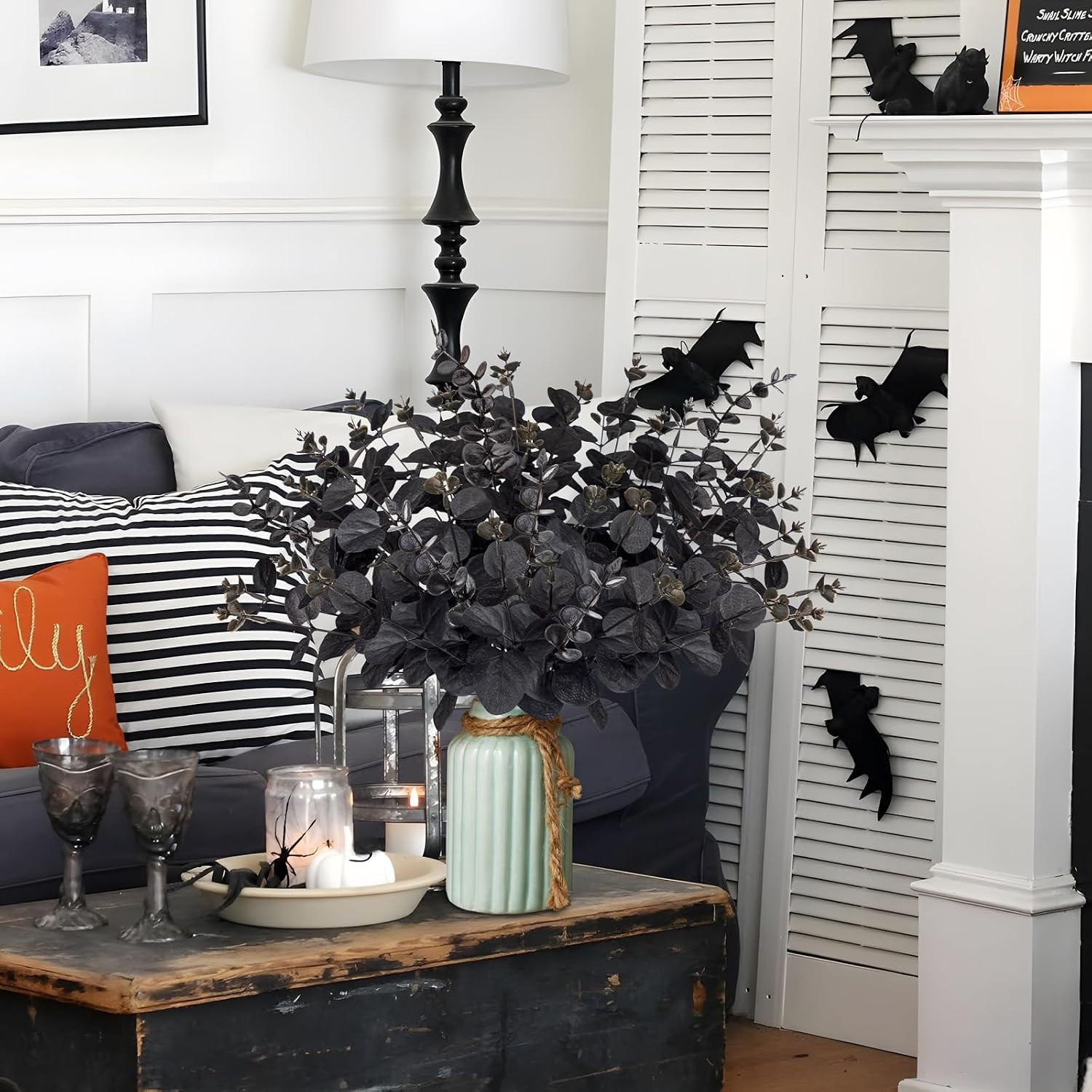 20PCS Black Halloween Decor Artificial Flowers Bulk – Eucalyptus Stems Branches