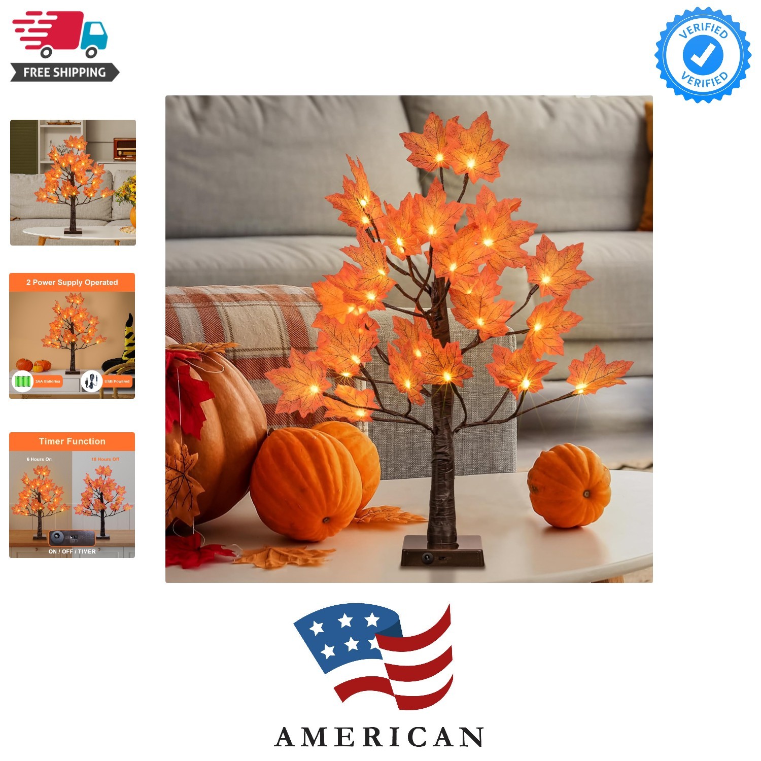 24IN Lighted Maple Tree for Fall Decorations, USB & Battery Operated with Tim…