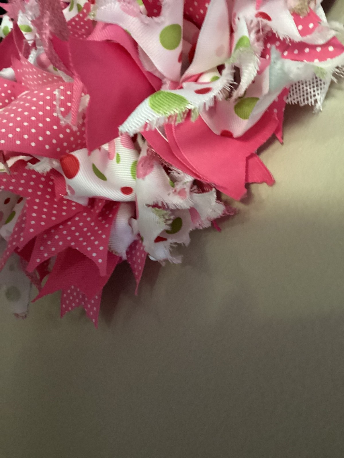 HANDMADE RIBBON RAG WREATH COTTAGE COTTAGECORE Polka Dots Pink Green 16 inches