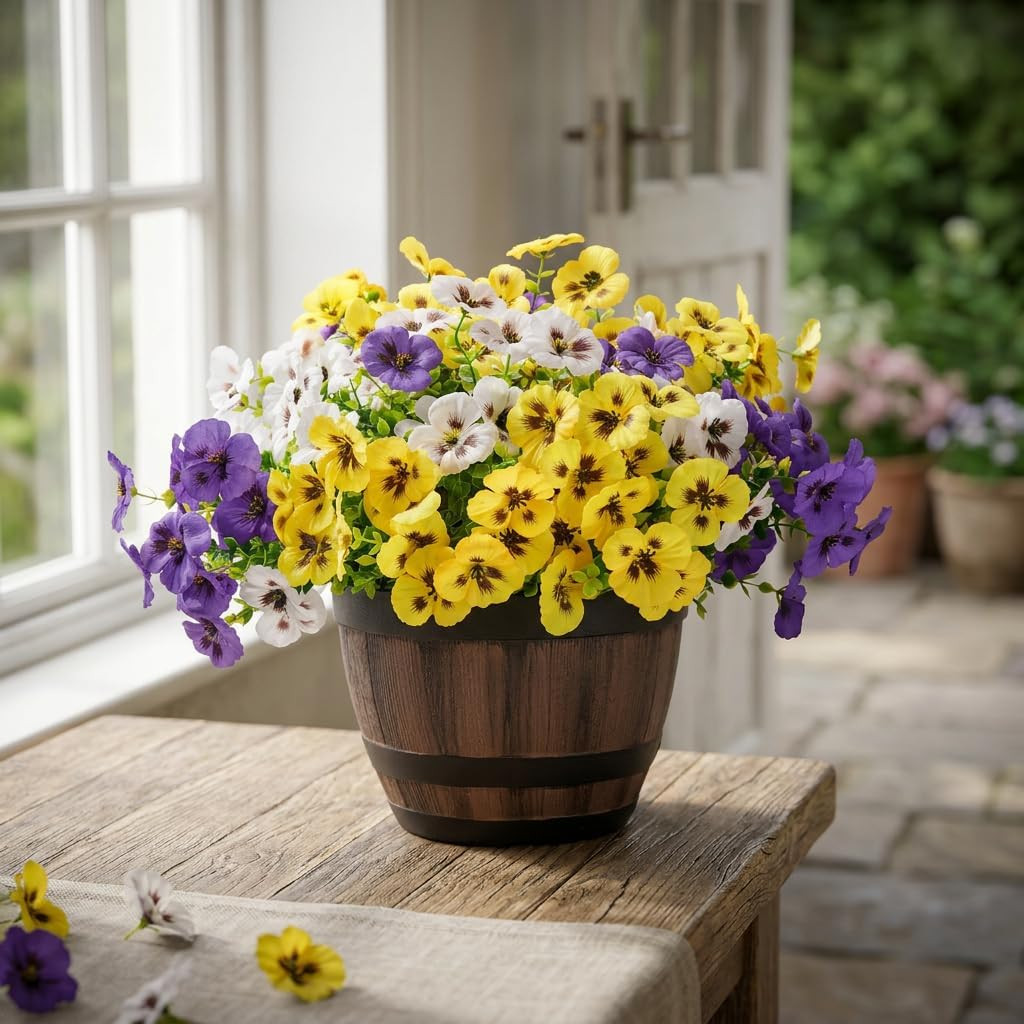 Artificial Pansies Flowers for Outdoors, 12 Pcs Faux Silk Pansy Flower UV Resist