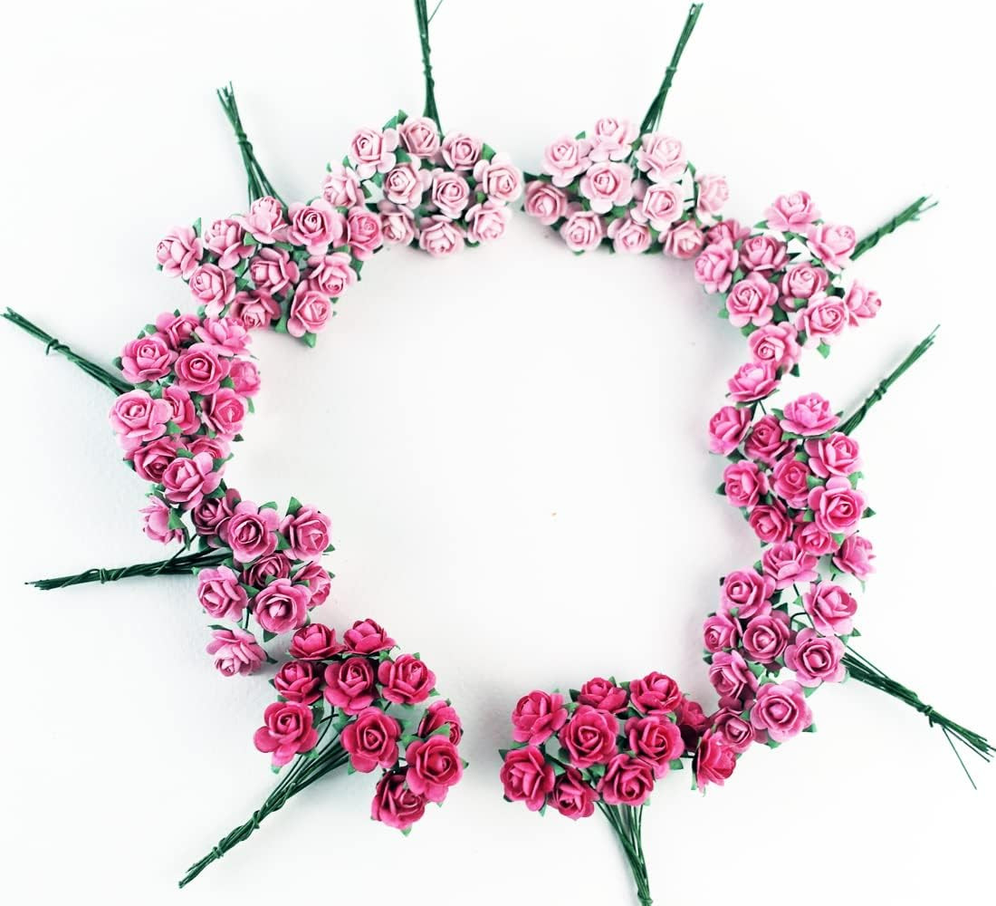 100 pcs Tiny Artificial Roses Mixed Pink Five Color Mulberry Paper Flower 15-18