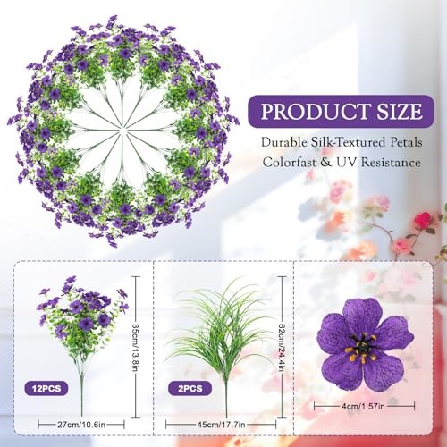 Artificial Flowers for Outdoors, 14 Bundles UV Light Purple Orange Yellow Red