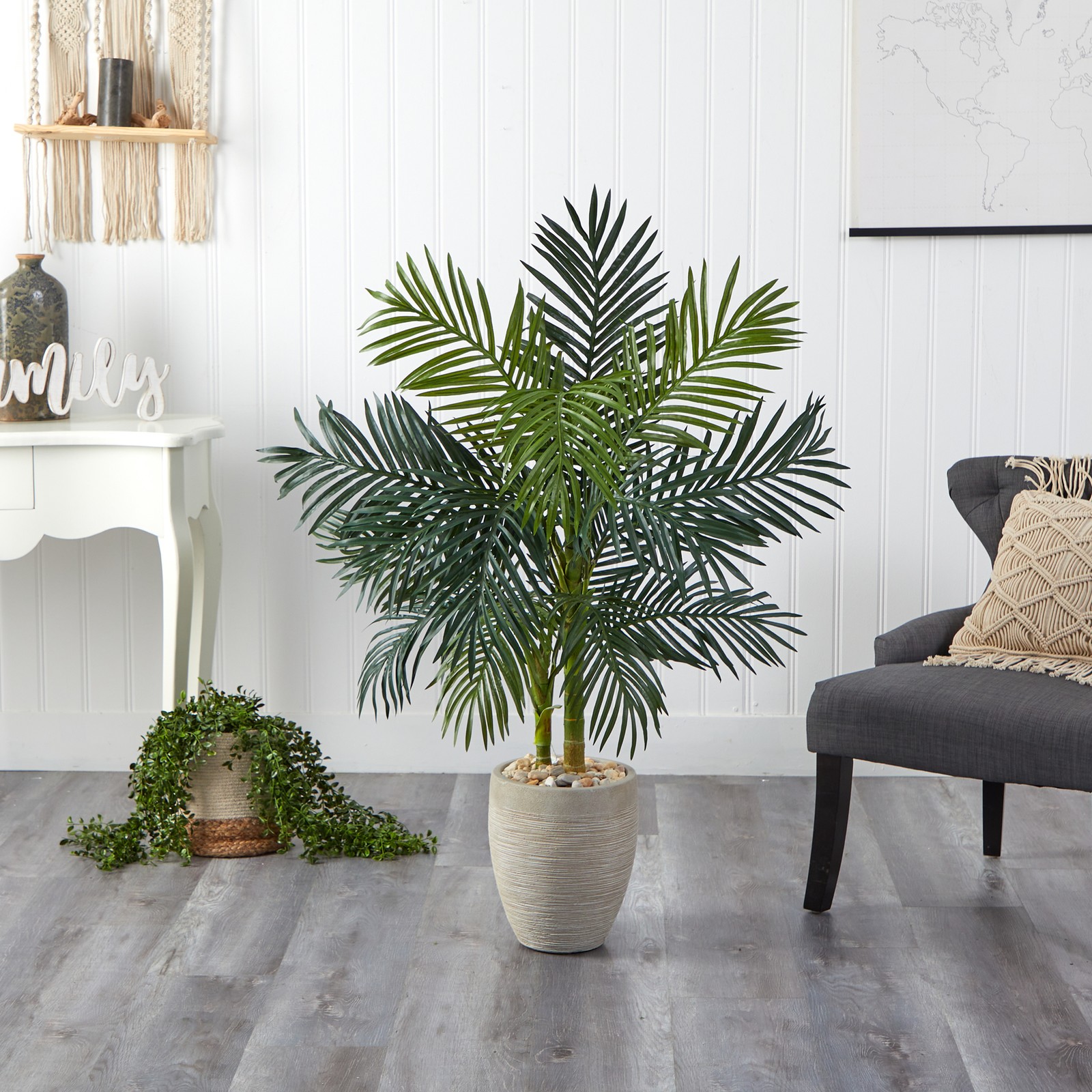 Nearly Natural 54″ Golden Cane Palm Artificial Tree Oval Planter in Green/Beige