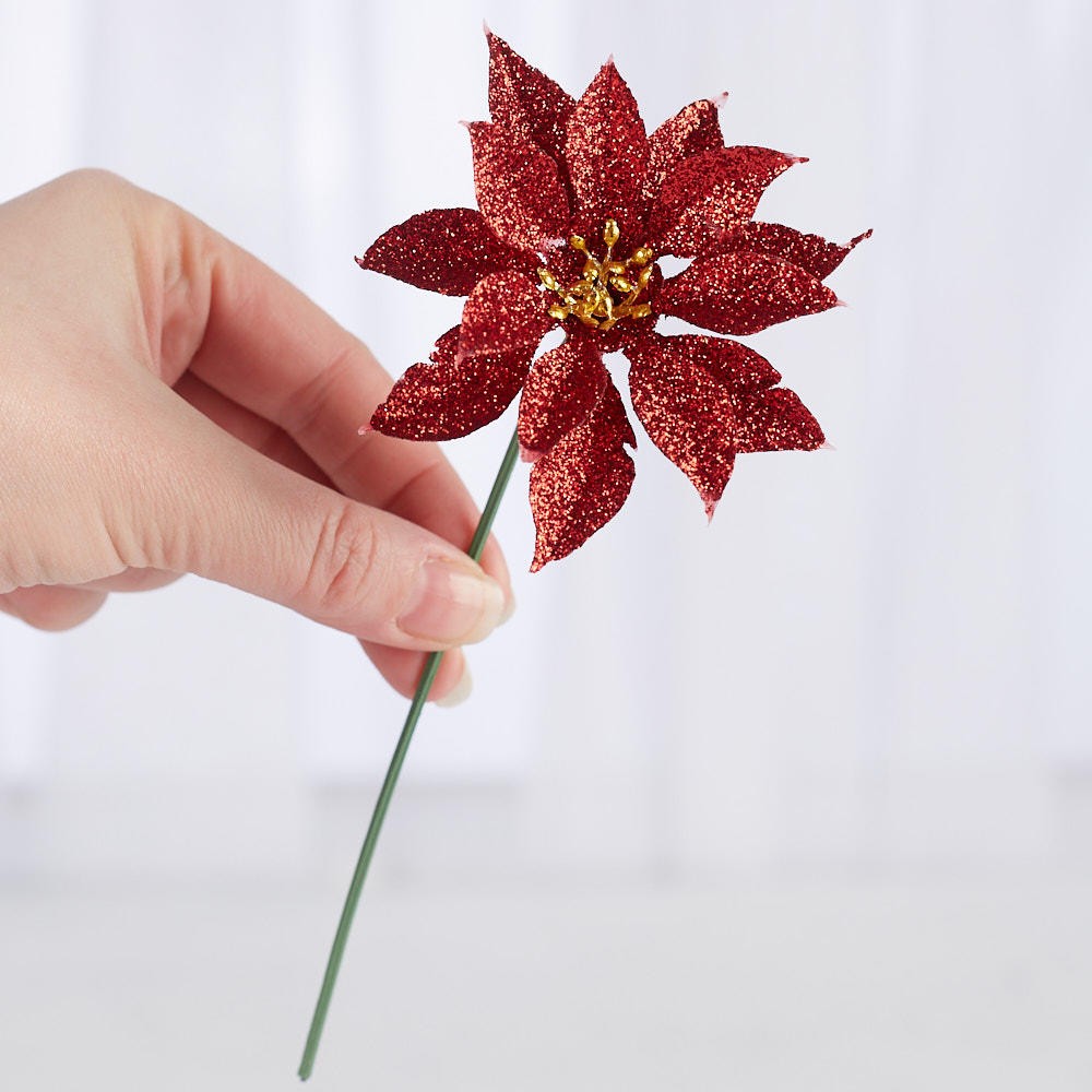 Bulk Package of 24 Artificial Red Glitter Poinsettia 6″ Picks