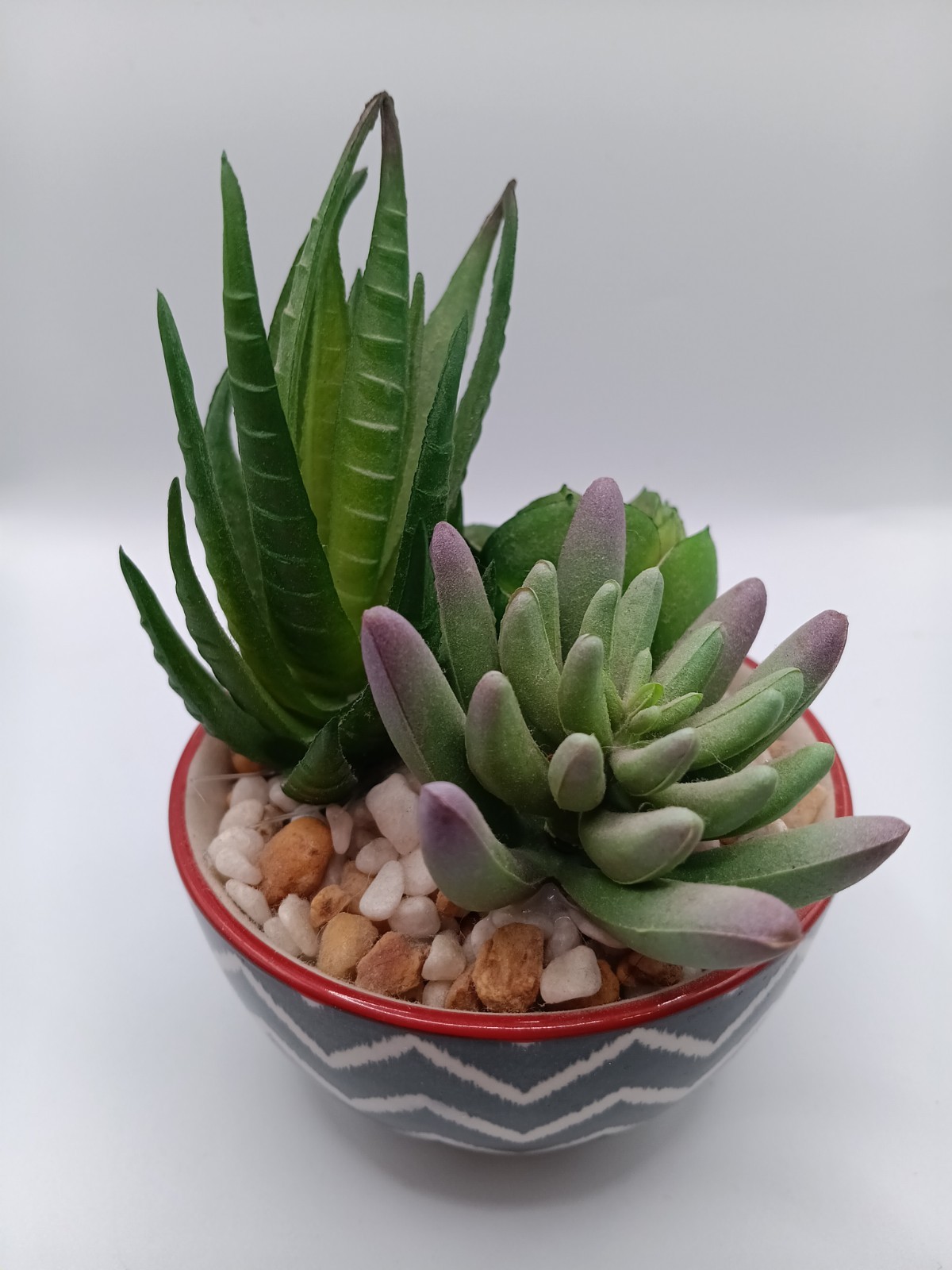 Decorative Artifical 3-Plant Succulent Arrangement In Chevron Print Bowl
