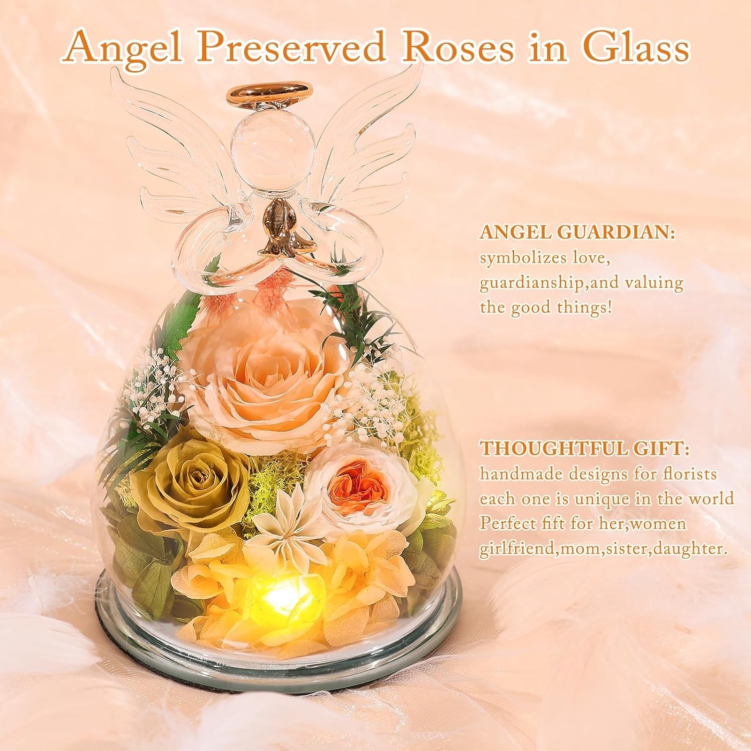 Gifts for Women Birthday Preserved Rose Forever Flower in Glass Angel Figurines
