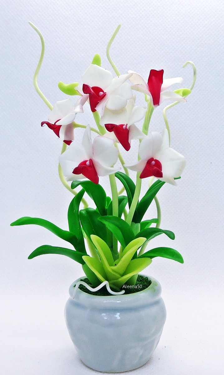 USstock 4″H Air-Dry-Clay Handmade Miniature Dendrobium Orchid Arrangement.