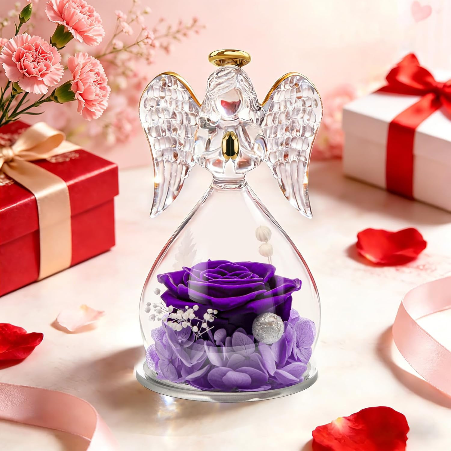 Preserved Flower Rose Birthday Gifts for Mom, Angel Figurines with Forever Real