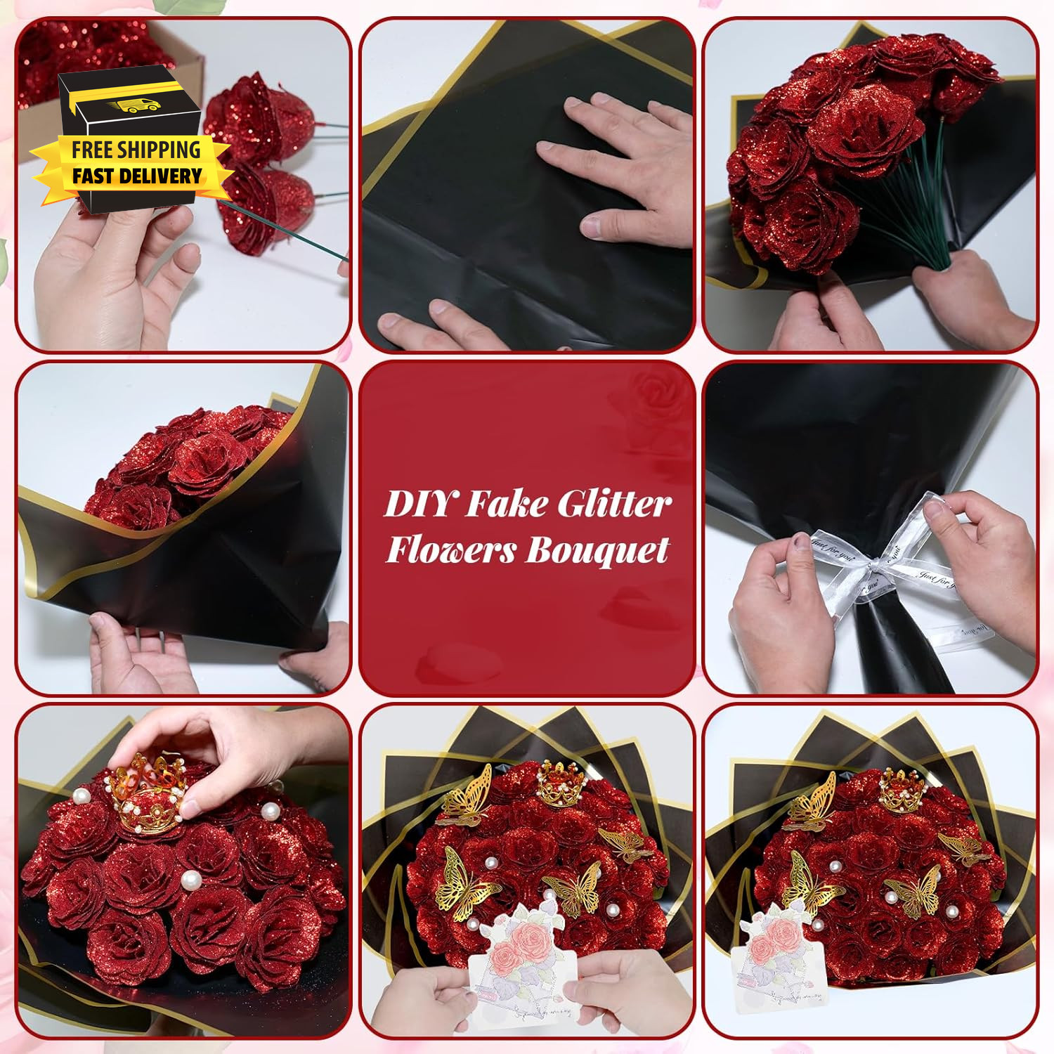 Red Glitter Roses Bouquet, 24 Pcs Shiny Glitter Flowers Bouquet, Everlasting Art